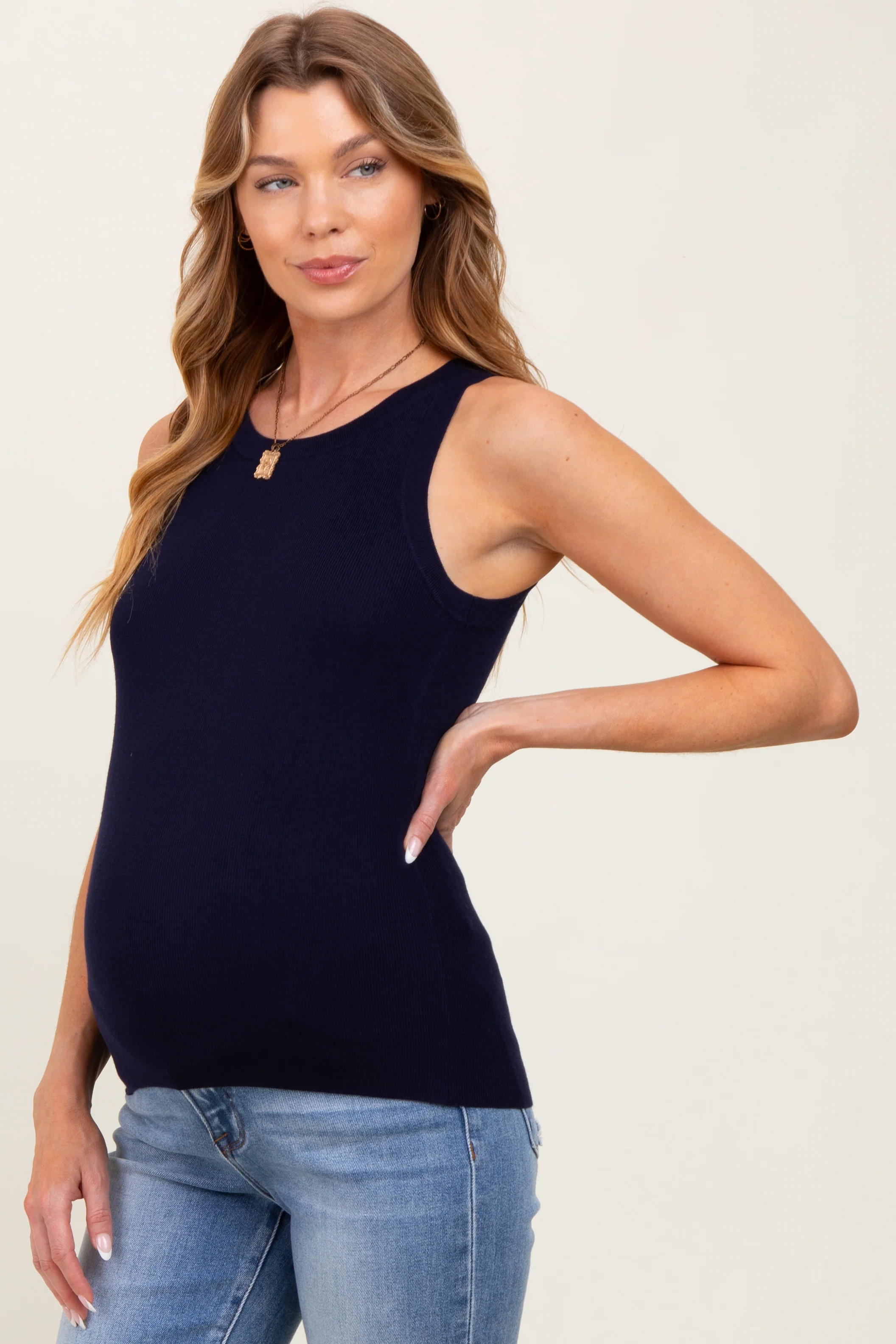 Navy Blue Knit Maternity Tank Top - Image 3