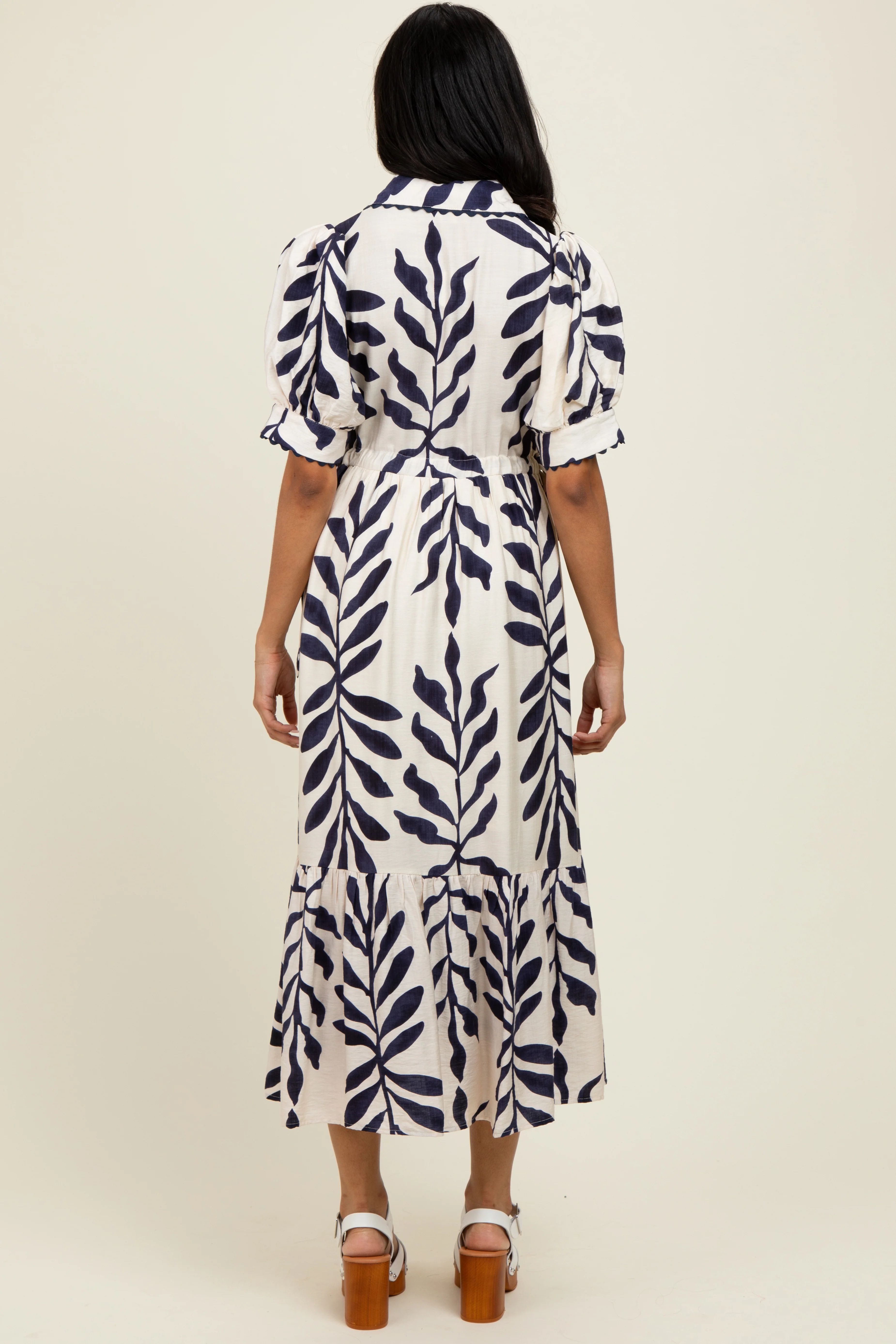 Navy Blue Leaf Print Scallop Trim Midi Shirt Dress - Image 4