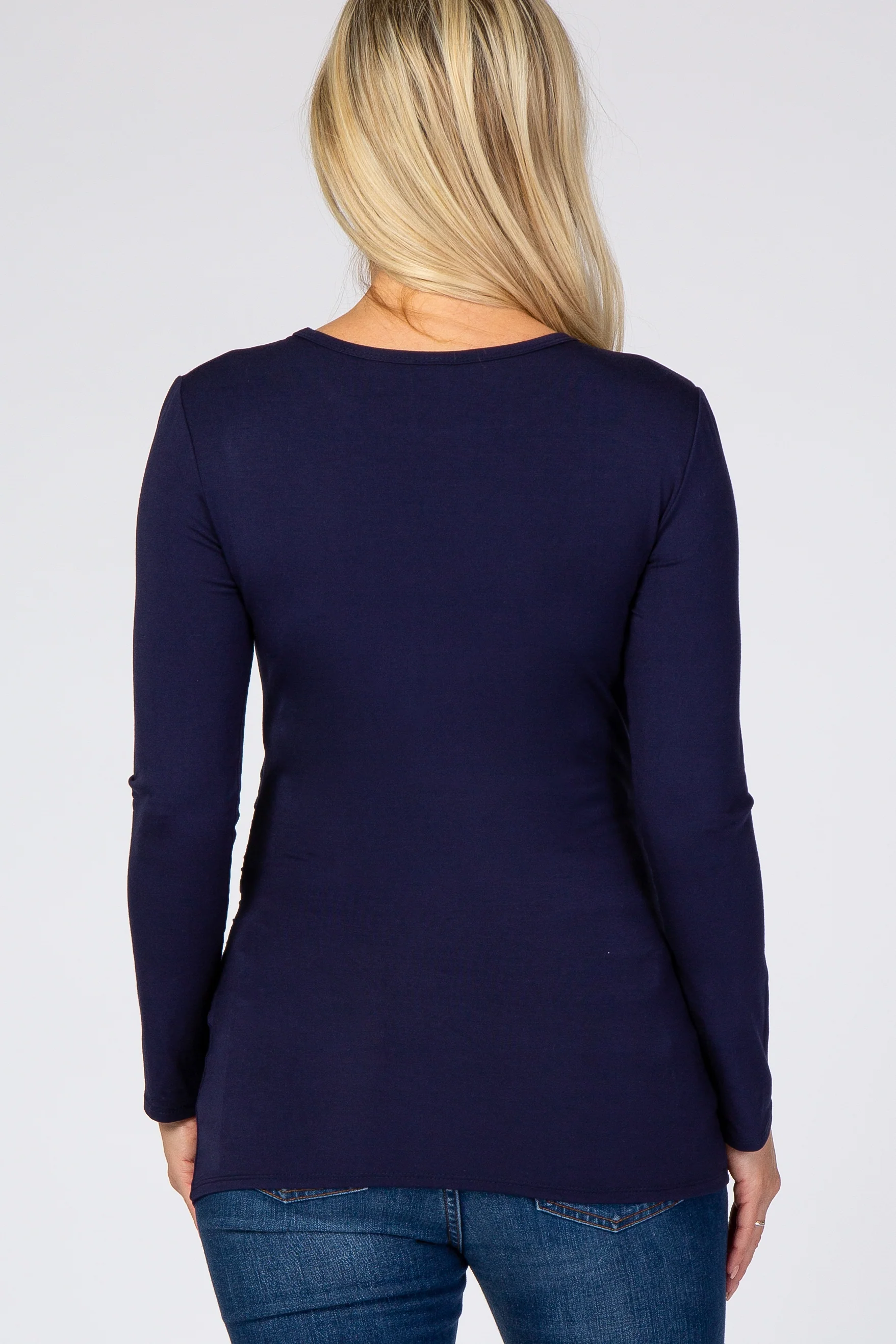 Navy Blue Long Sleeve Ruched Fitted Maternity Top - Image 2