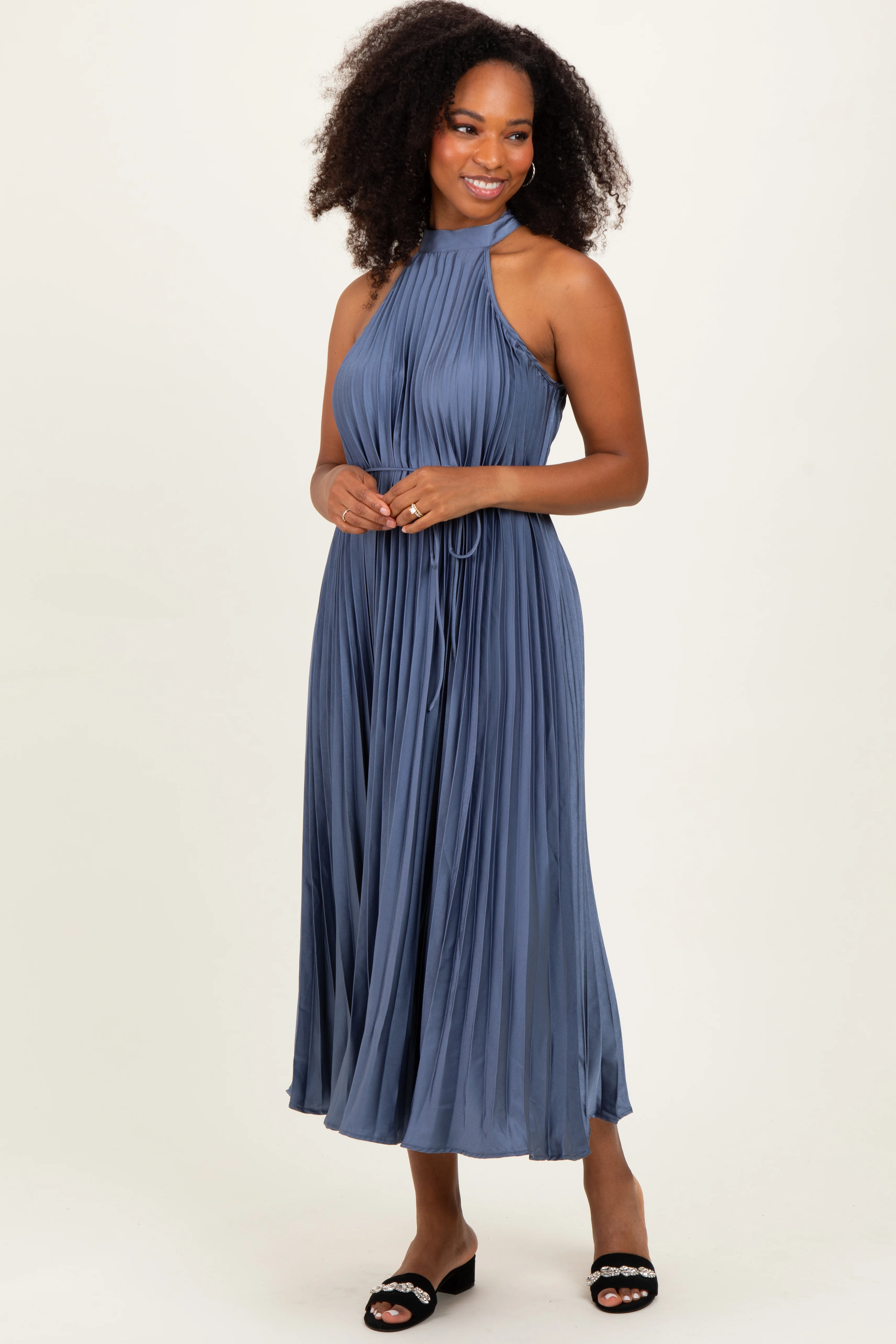 Navy Blue Pleated Halter Dress - Image 2
