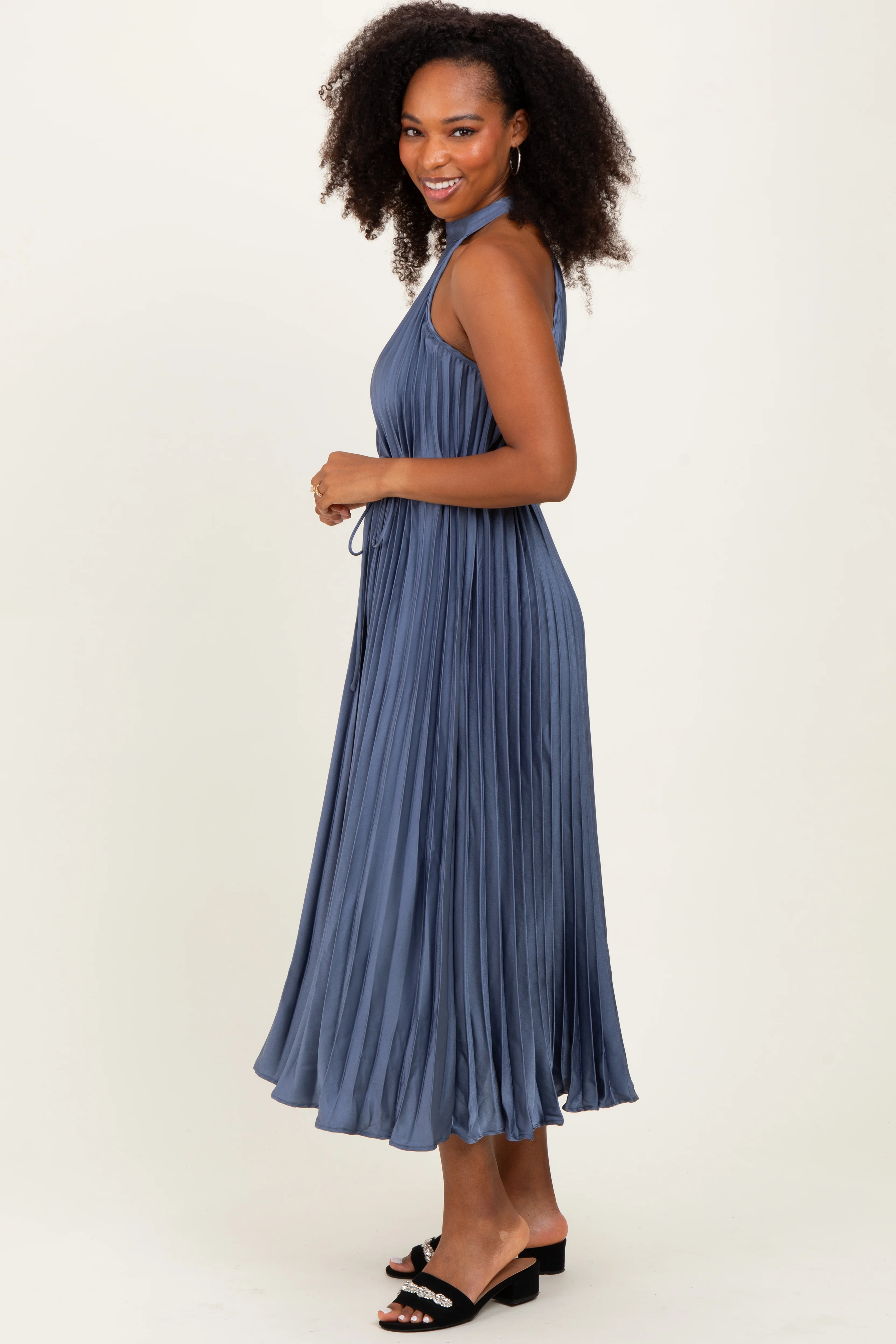 Navy Blue Pleated Halter Dress - Image 3
