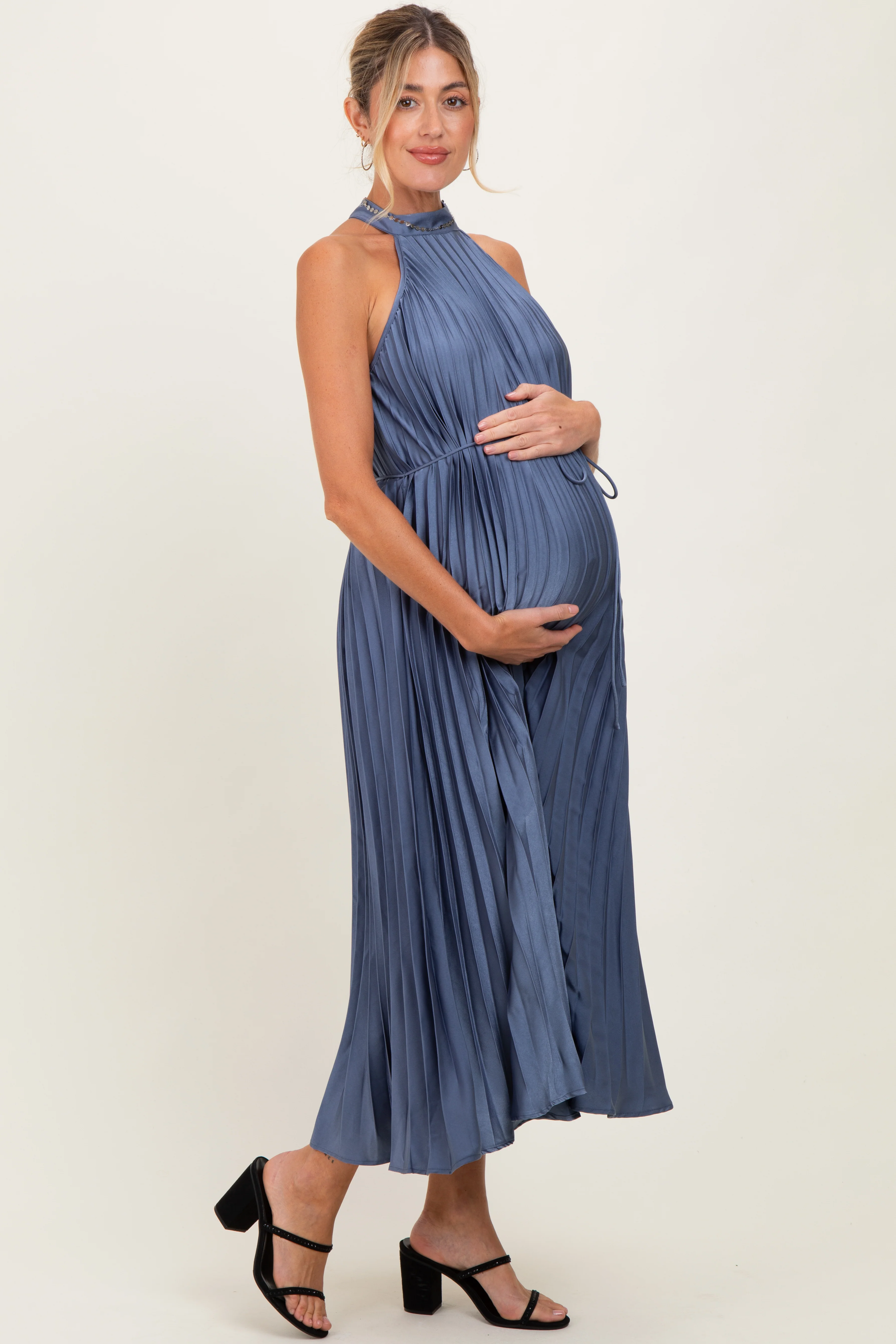 Navy Blue Pleated Maternity Halter Dress - Image 3