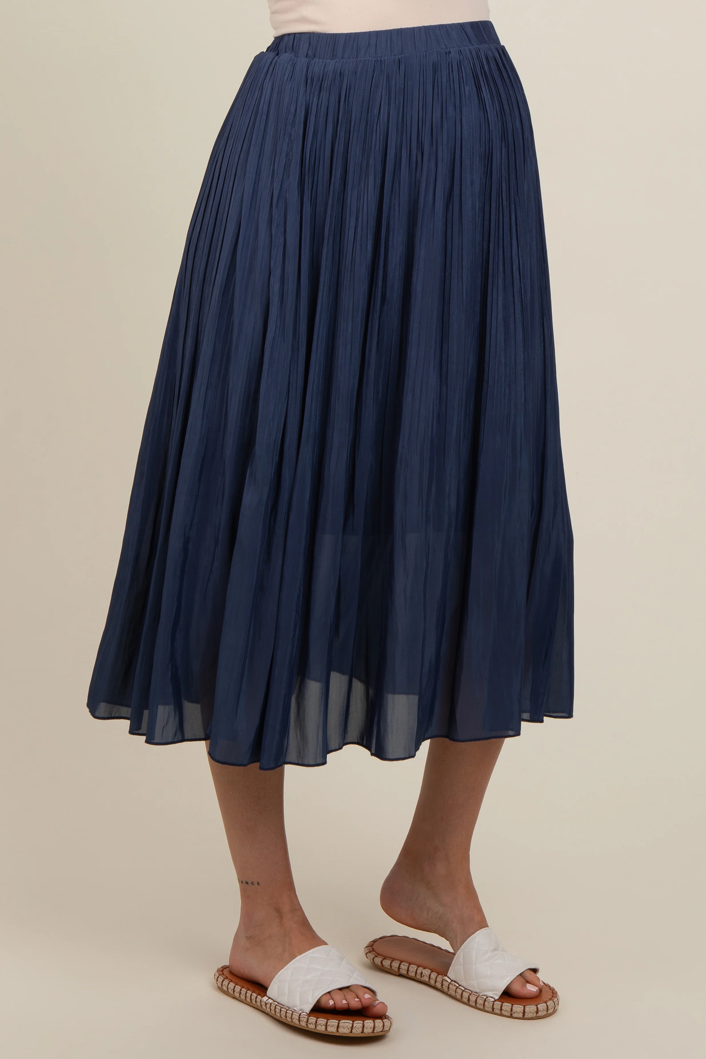 Navy Blue Pleated Maternity Midi Skirt - Image 3