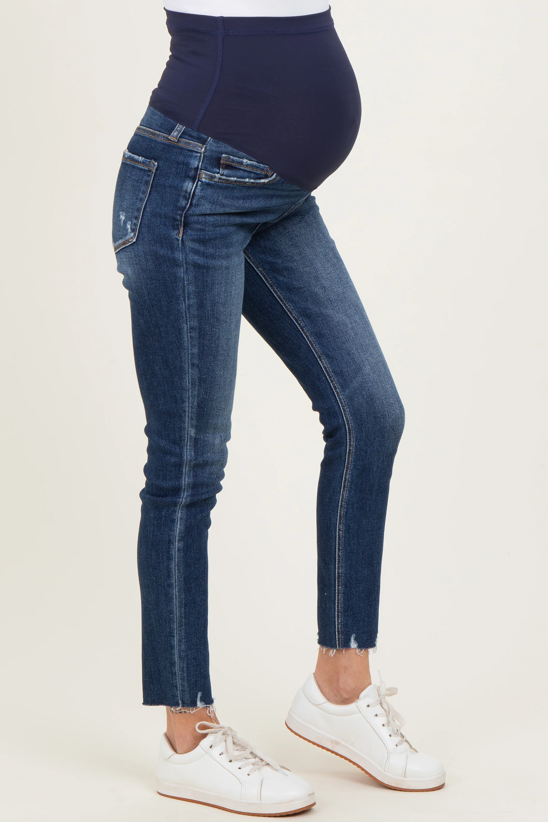 Navy Blue Raw Hem Cropped Skinny Maternity Jeans - Image 3