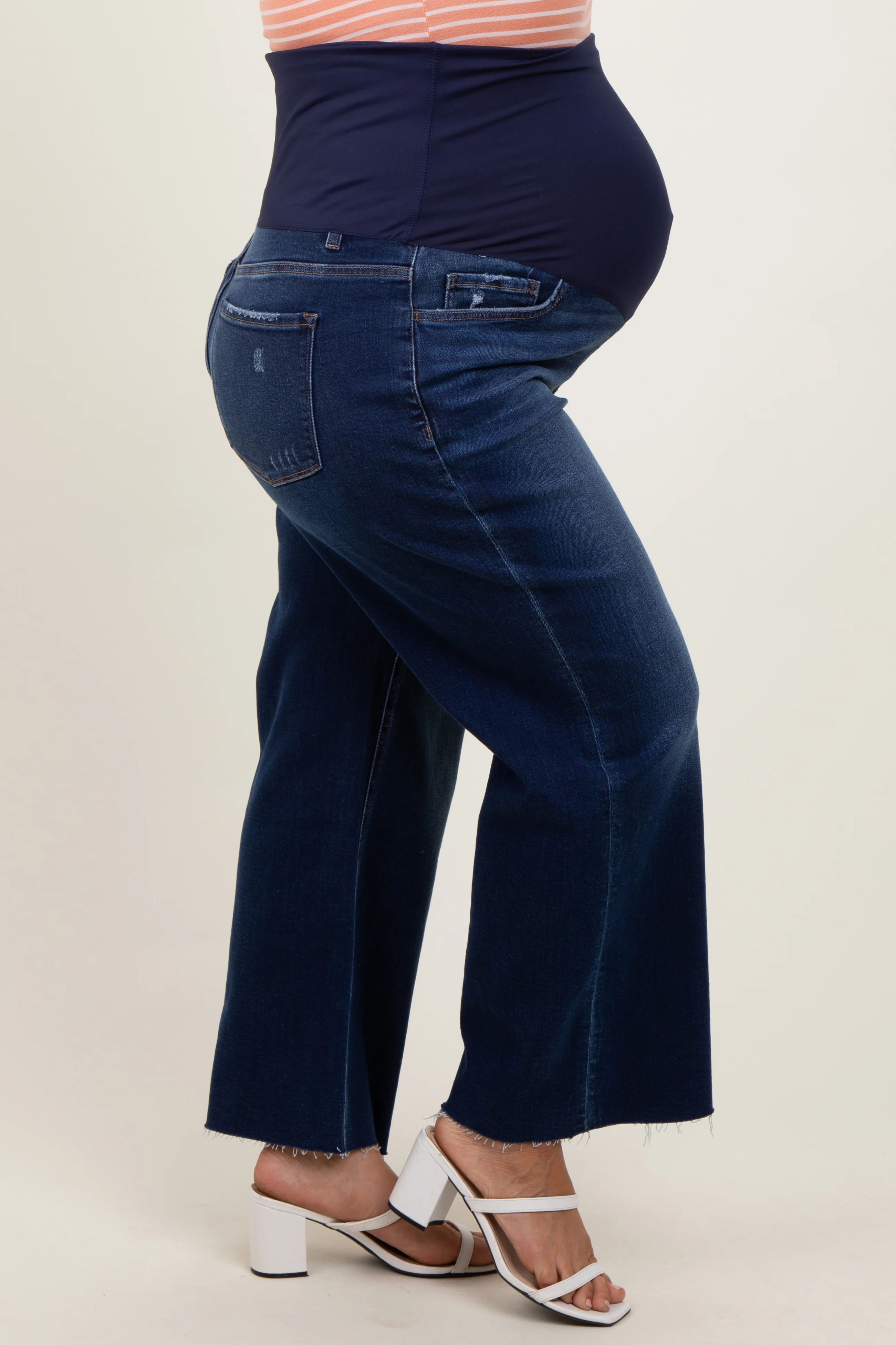 Navy Blue Raw Hem Wide Leg Maternity Plus Jeans - Image 3