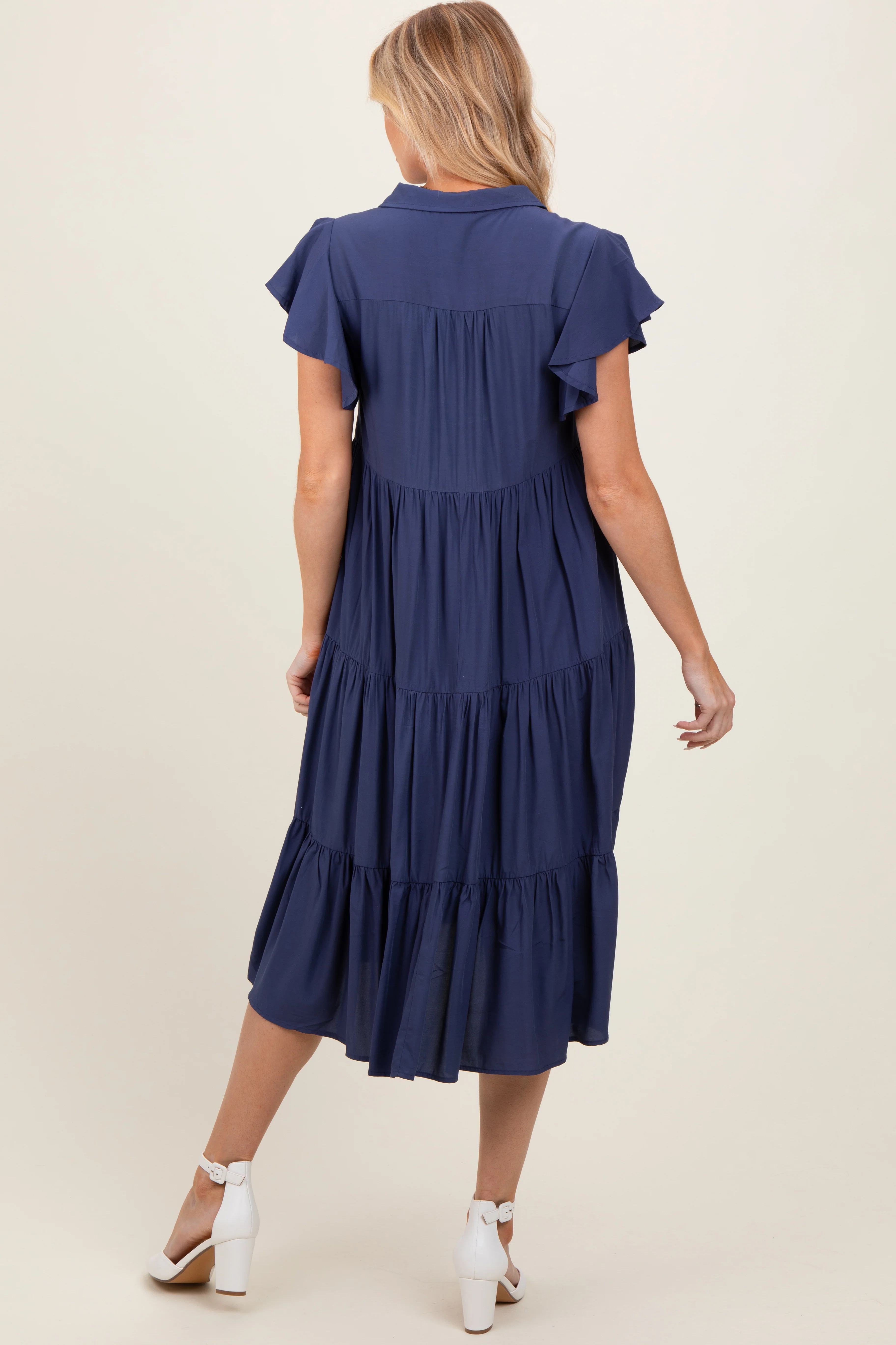 Navy Blue Ruffle Sleeve V-Neck Tiered Maternity Midi Dress - Image 3