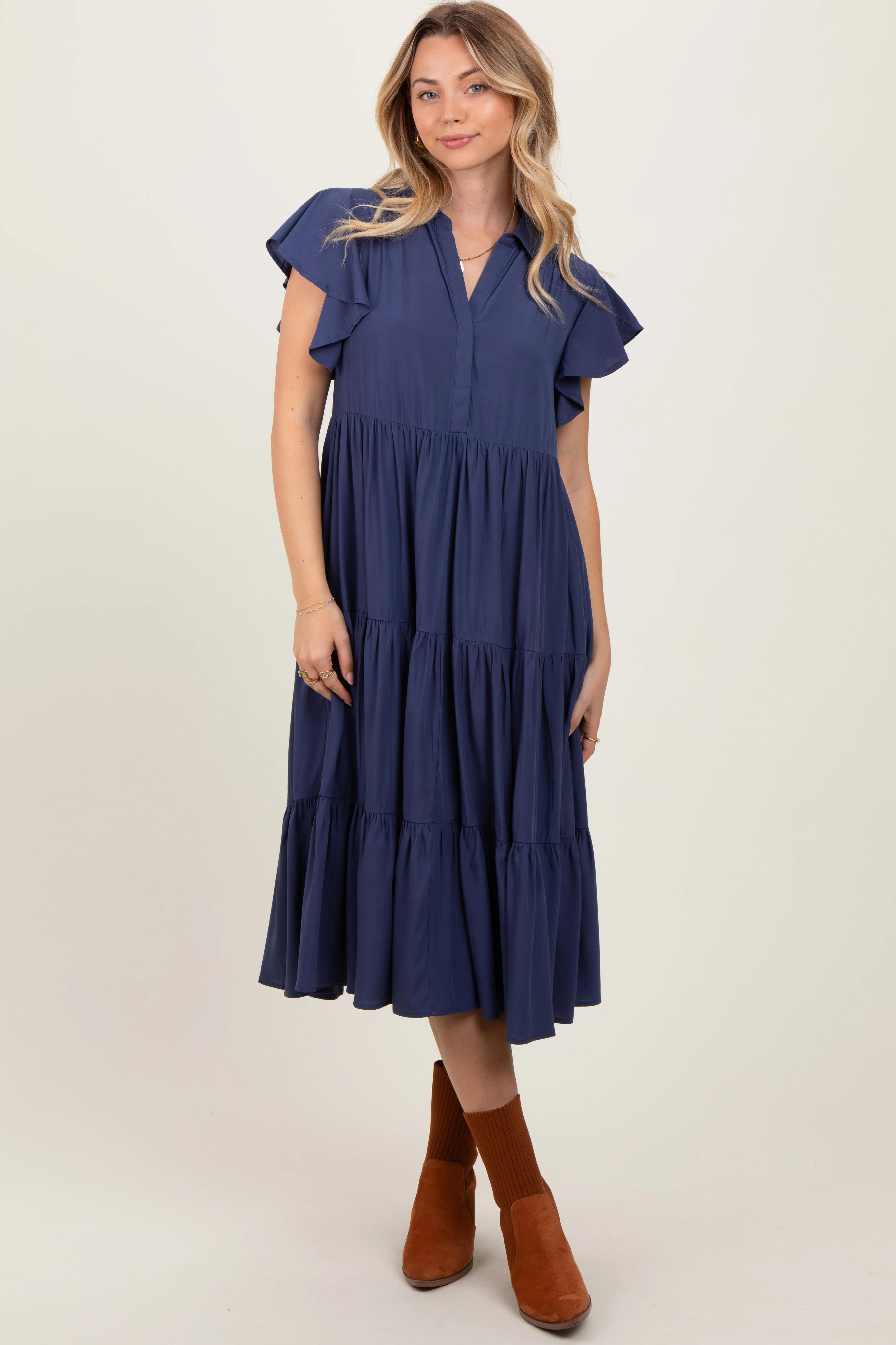 Navy Blue Ruffle Sleeve V-Neck Tiered Maternity Midi Dress - Image 4