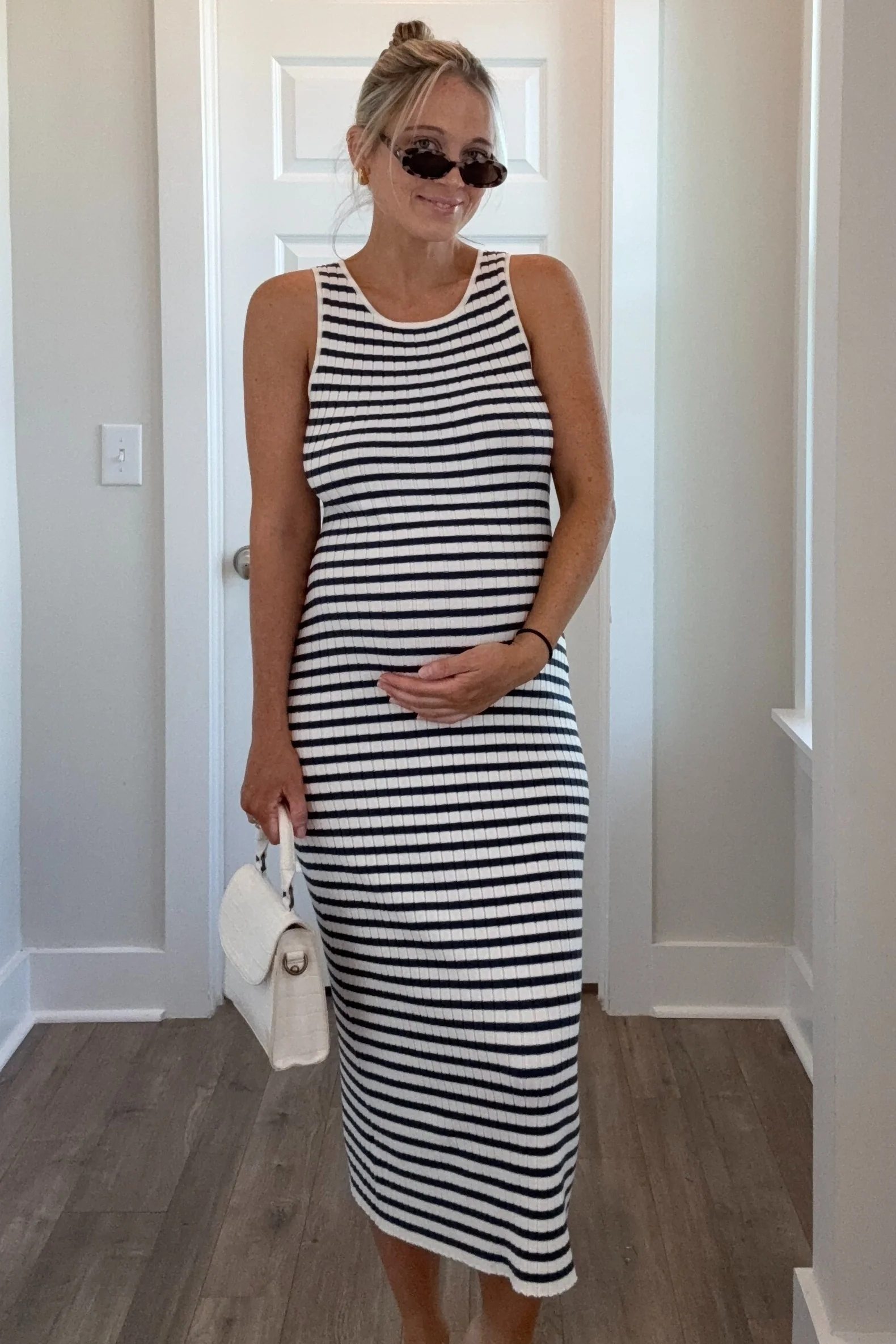 Navy Blue Sleeveless Round Neck Striped Rib Sweater Maternity Midi Dress - Image 5