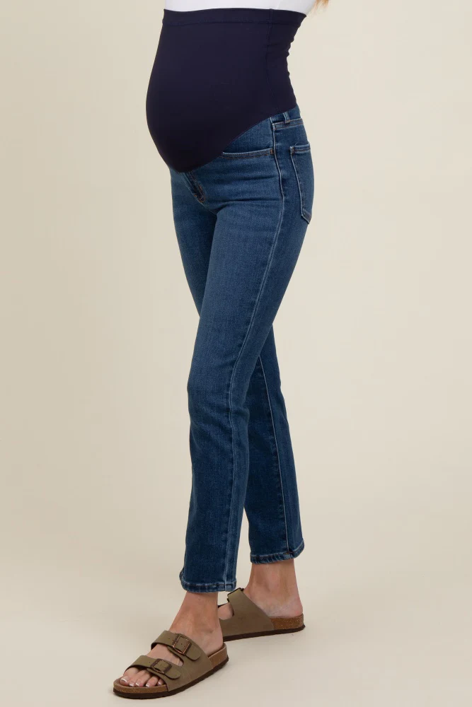 Navy Blue Slim Straight Cropped Maternity Jeans - Image 4