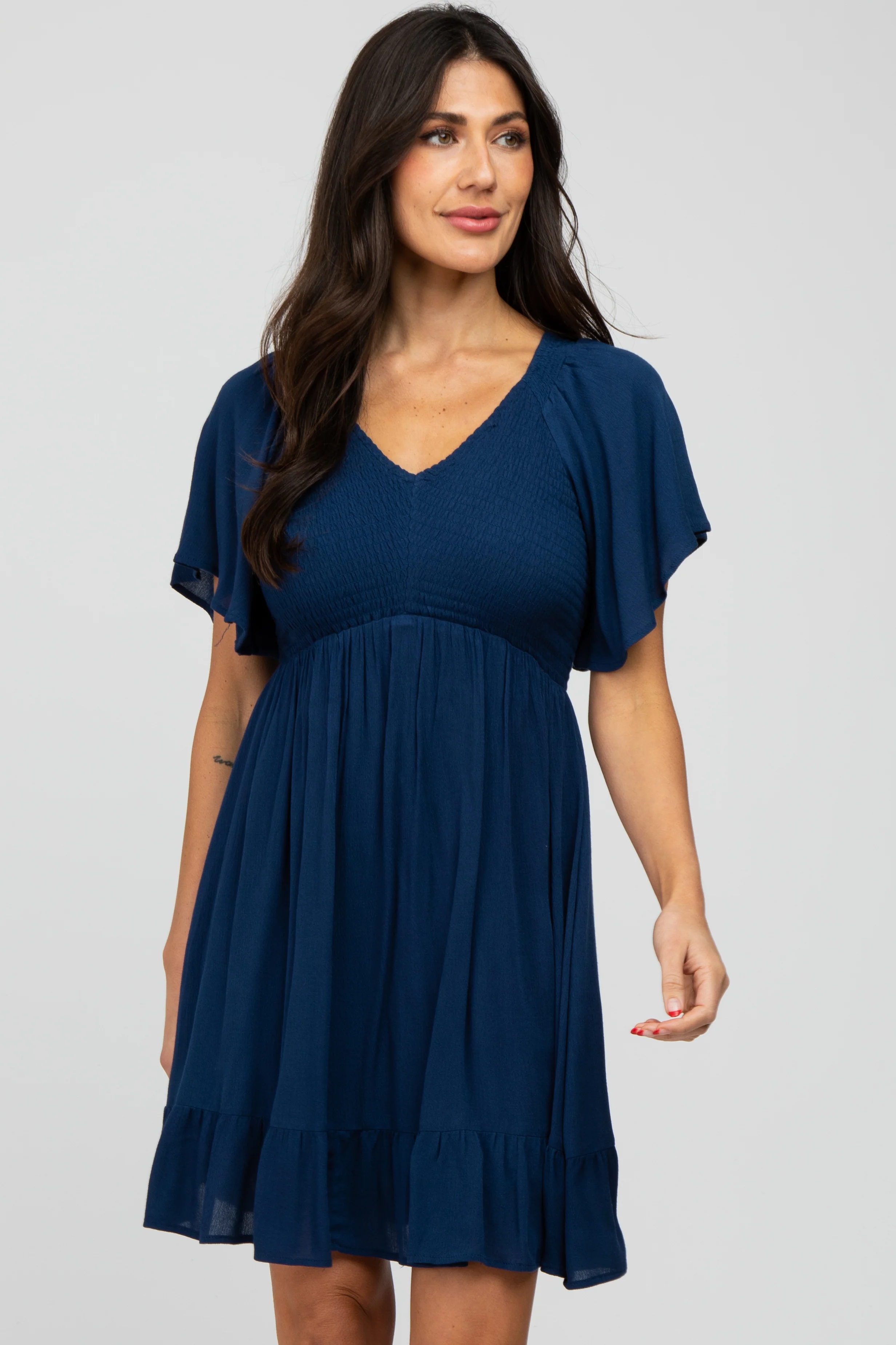 Navy Blue Smocked Front Ruffle Hem Dress - Image 4