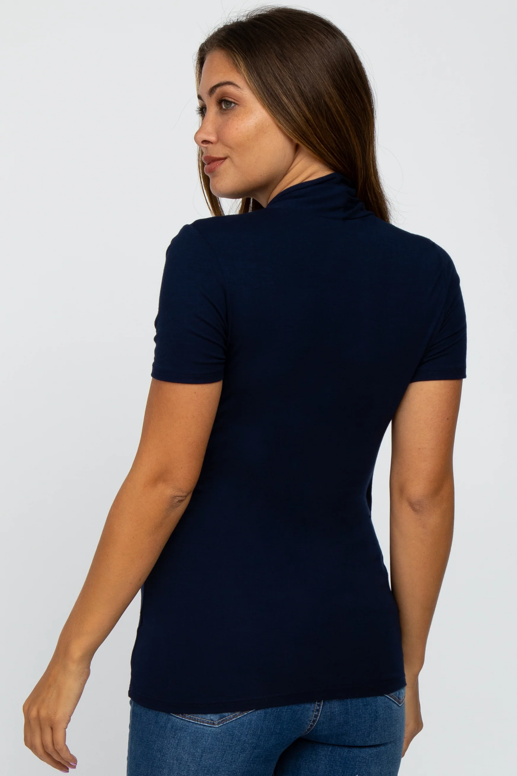 Navy Blue Solid Short Sleeve Wrap Front Maternity/Nursing Top - Image 3
