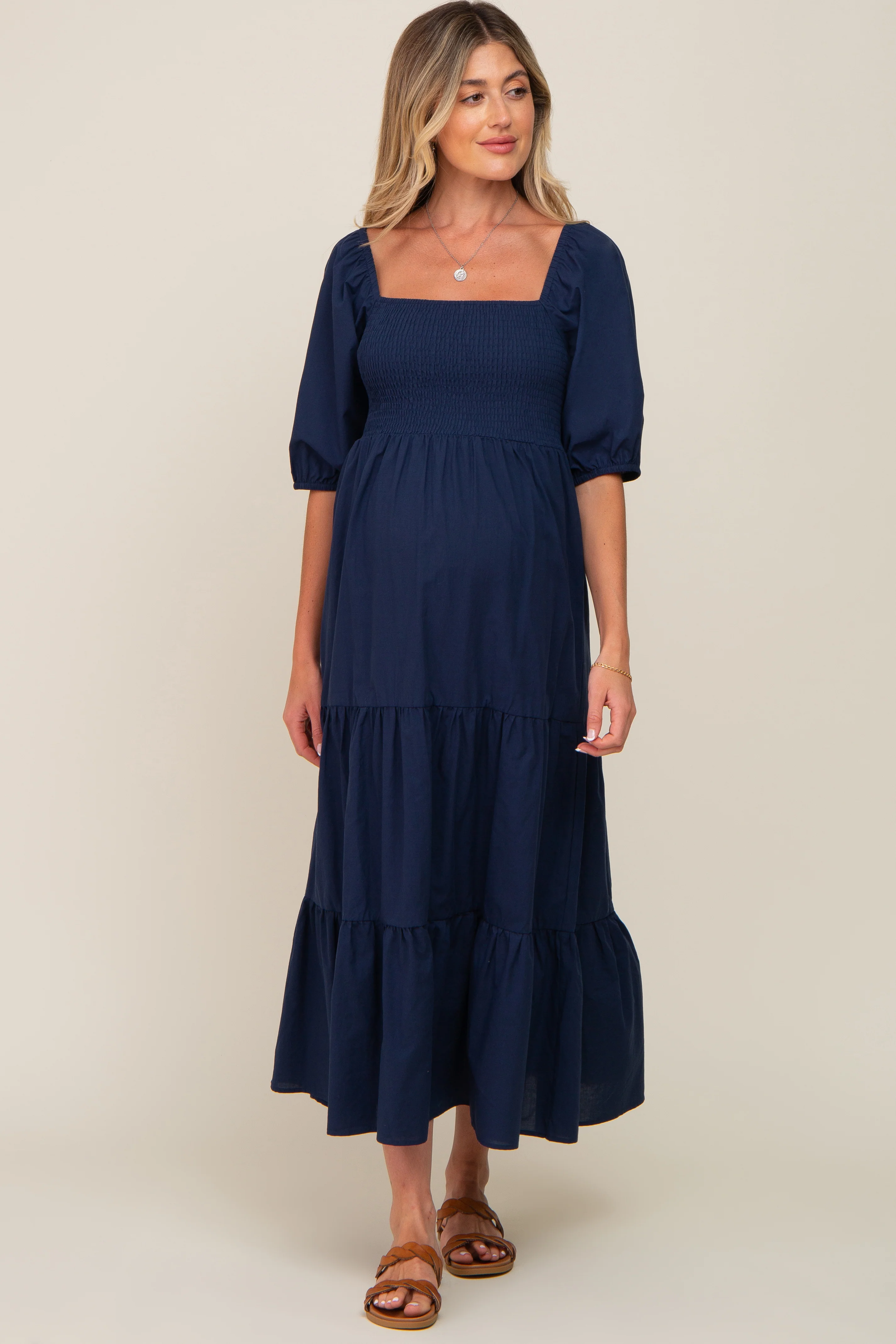 Navy Blue Square Neck Smocked Tiered Maternity Maxi Dress - Image 4