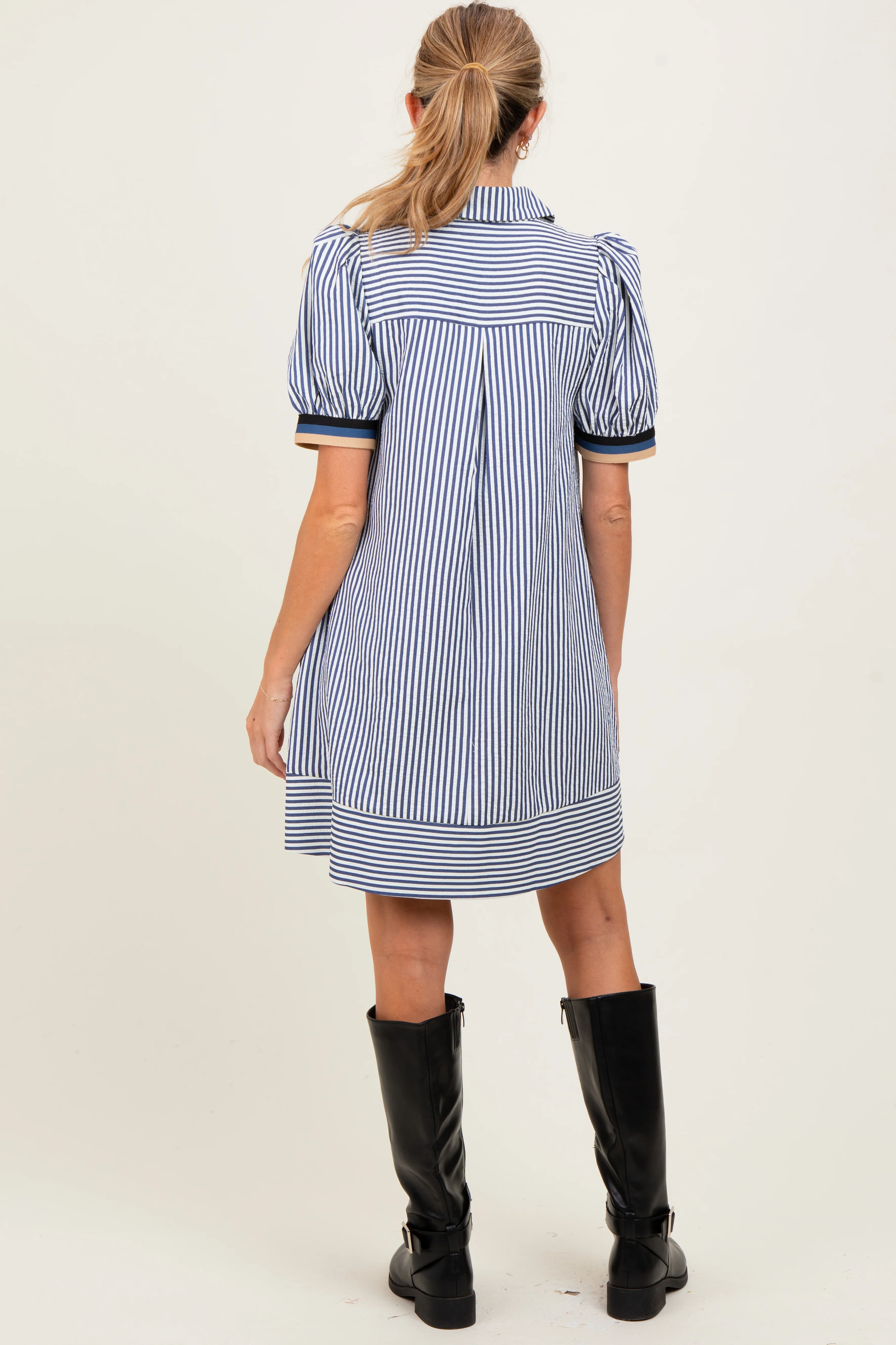 Navy Blue Striped Puff Sleeve Maternity Mini Shirt Dress - Image 5