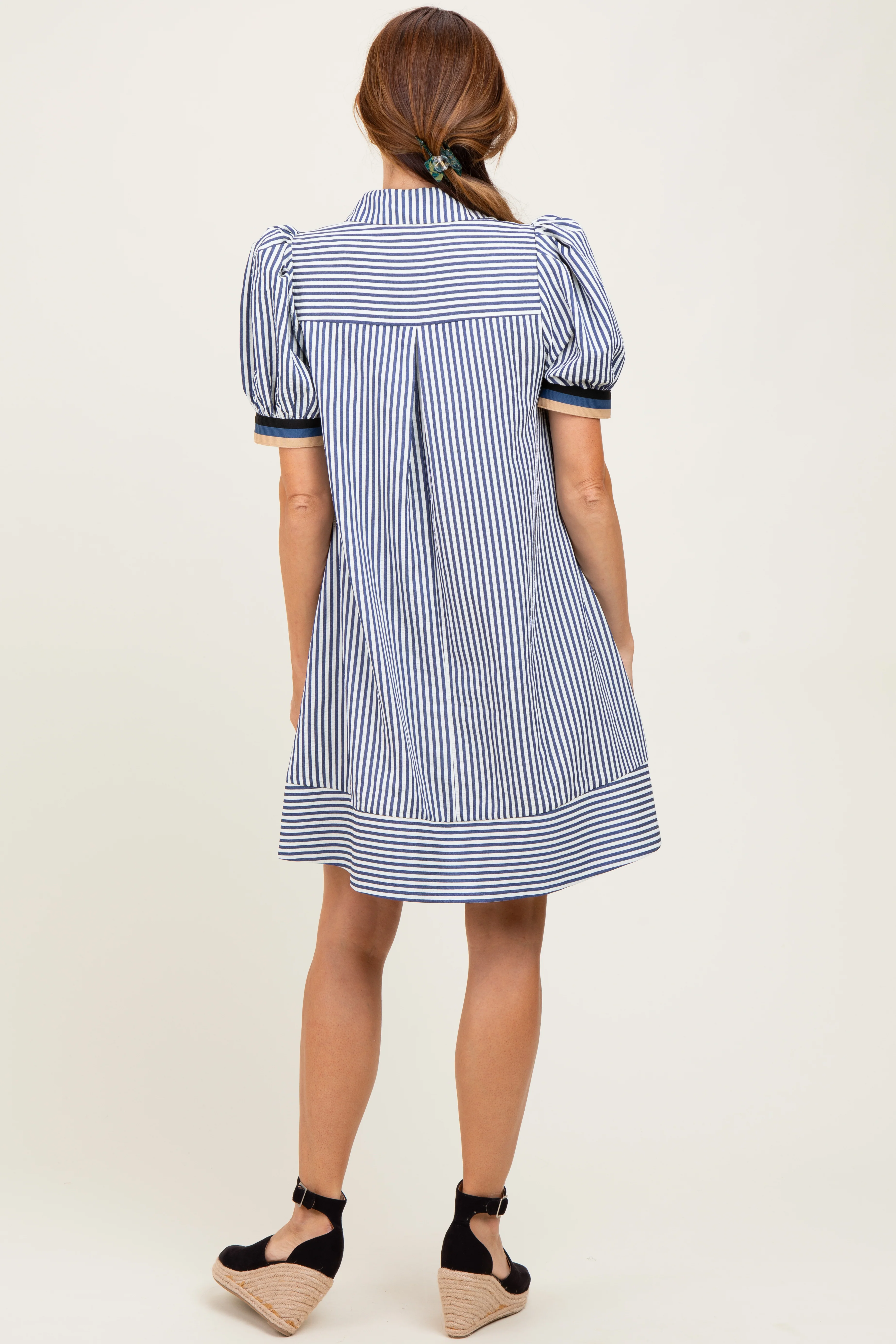Navy Blue Striped Puff Sleeve Mini Shirt Dress - Image 3