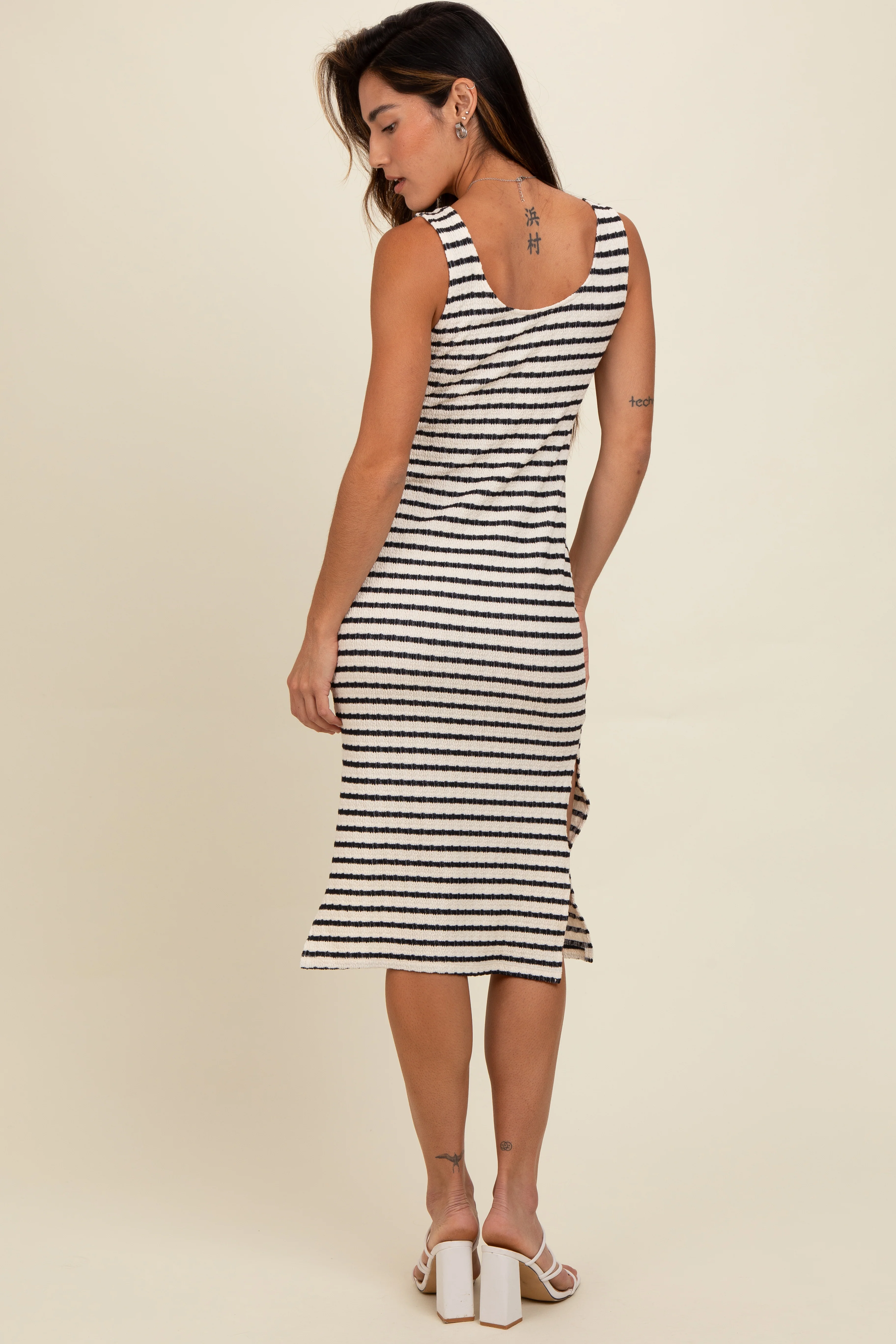 Navy Blue Striped Side Slit Midi Dress - Image 5