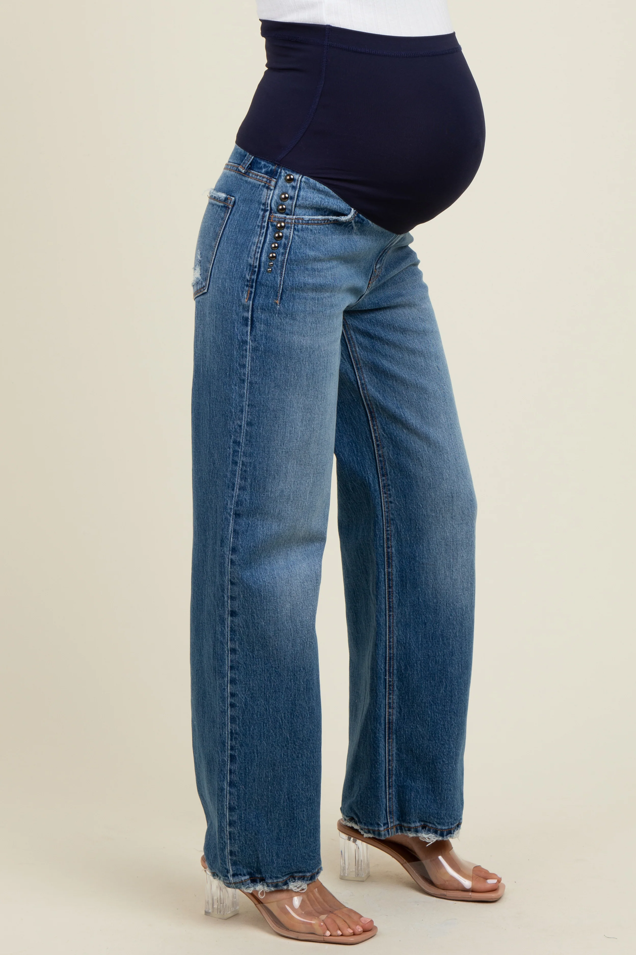 Navy Blue Stud Side Detail Maternity Wide Leg Jeans - Image 4