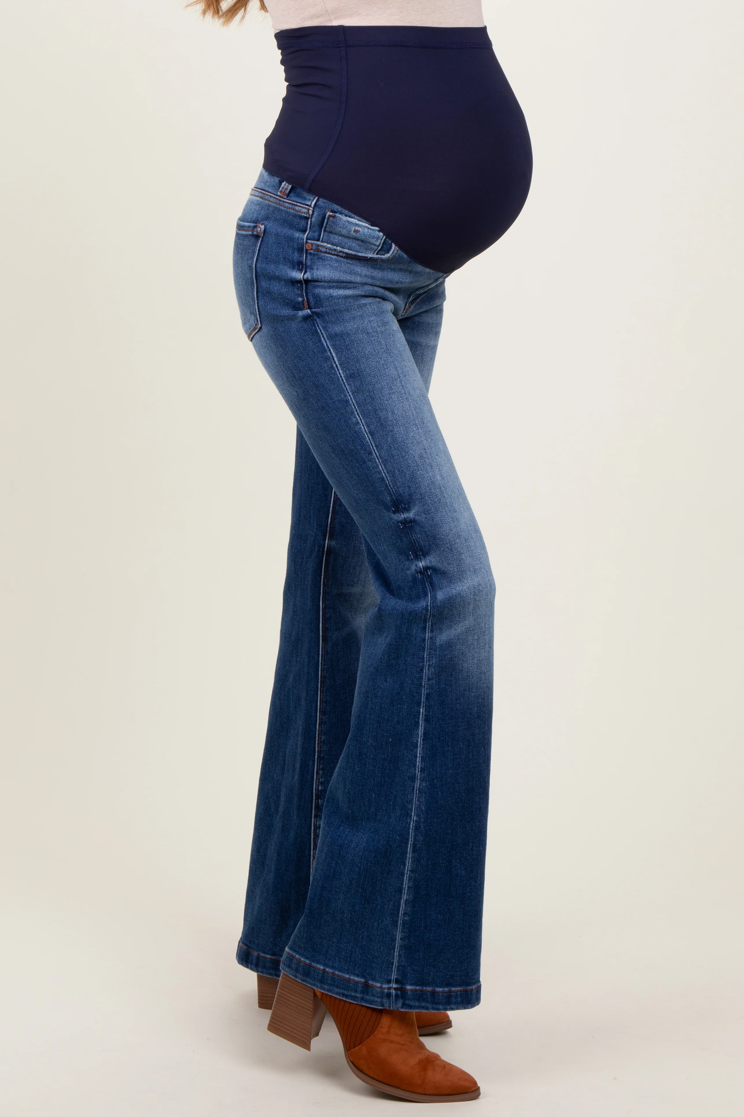 Navy Blue Washed Maternity Flare Jeans - Image 4