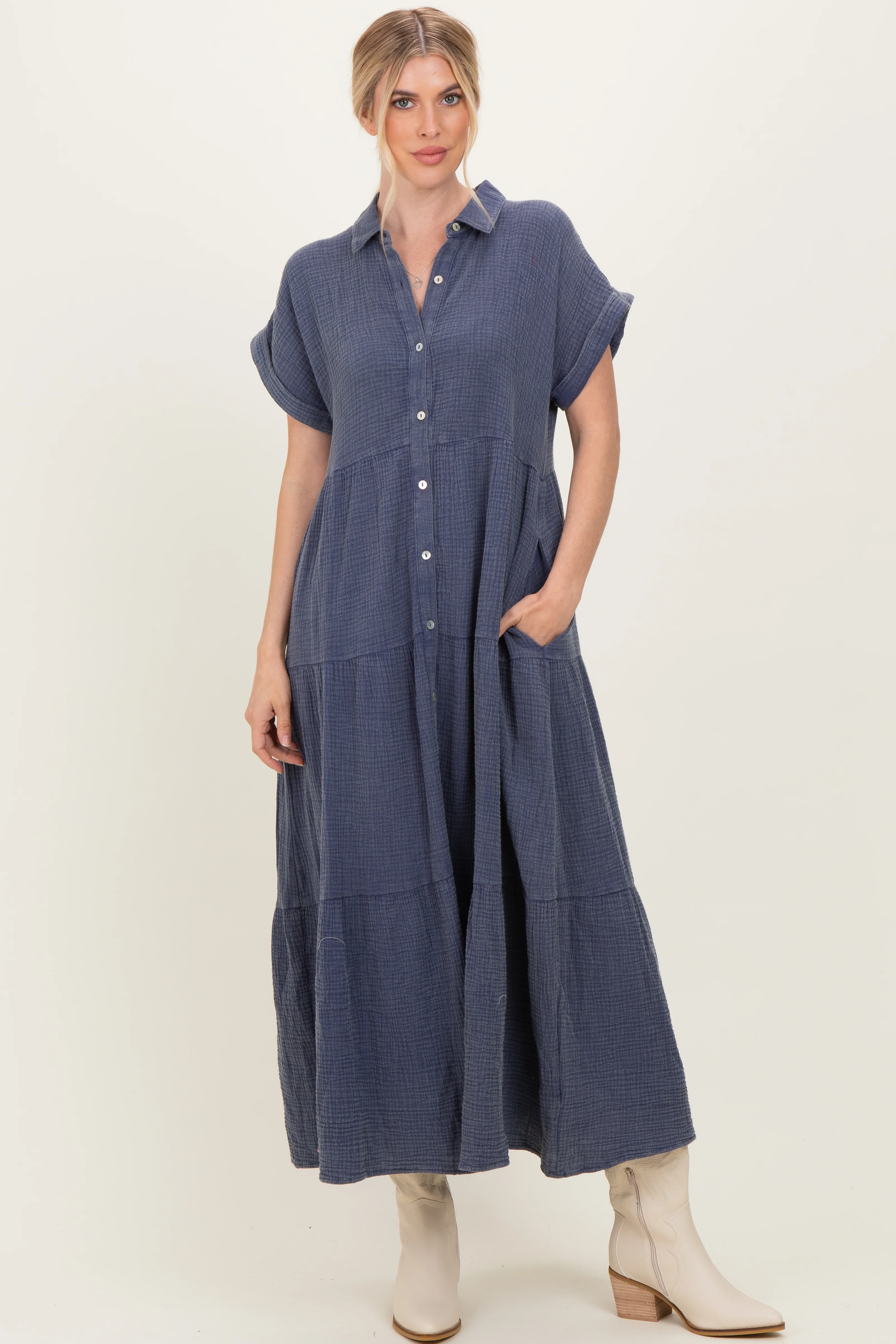 Navy Breezy Mineral-Washed Gauze Maxi Shirt Dress - Image 2