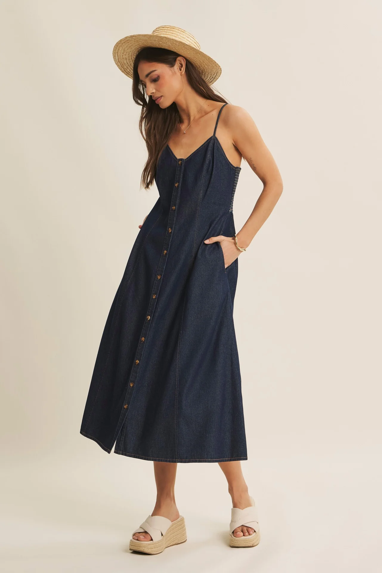 Navy Button-Down Denim Midi Dress - Image 4