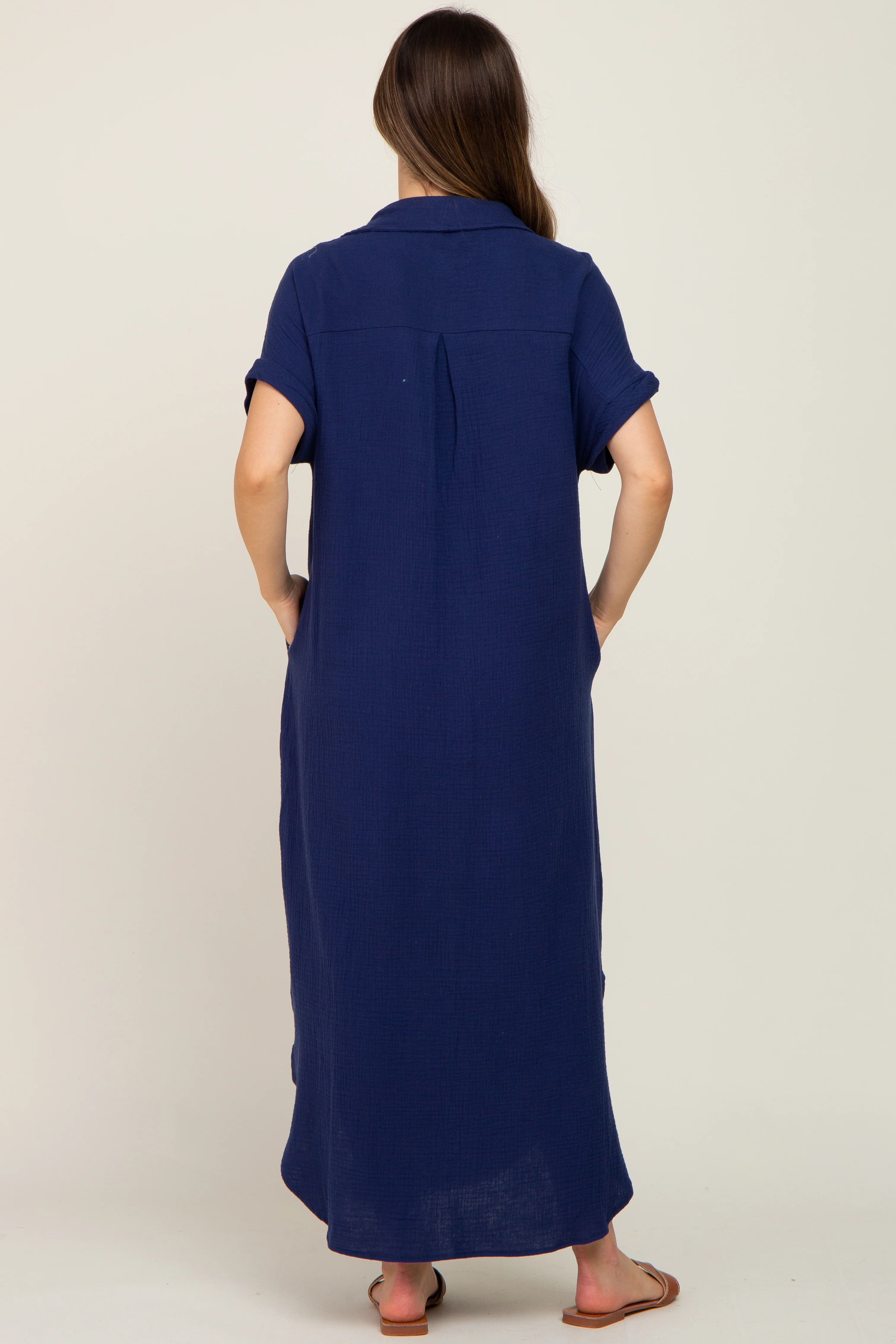 Navy Button Down Maternity Midi Dress - Image 3