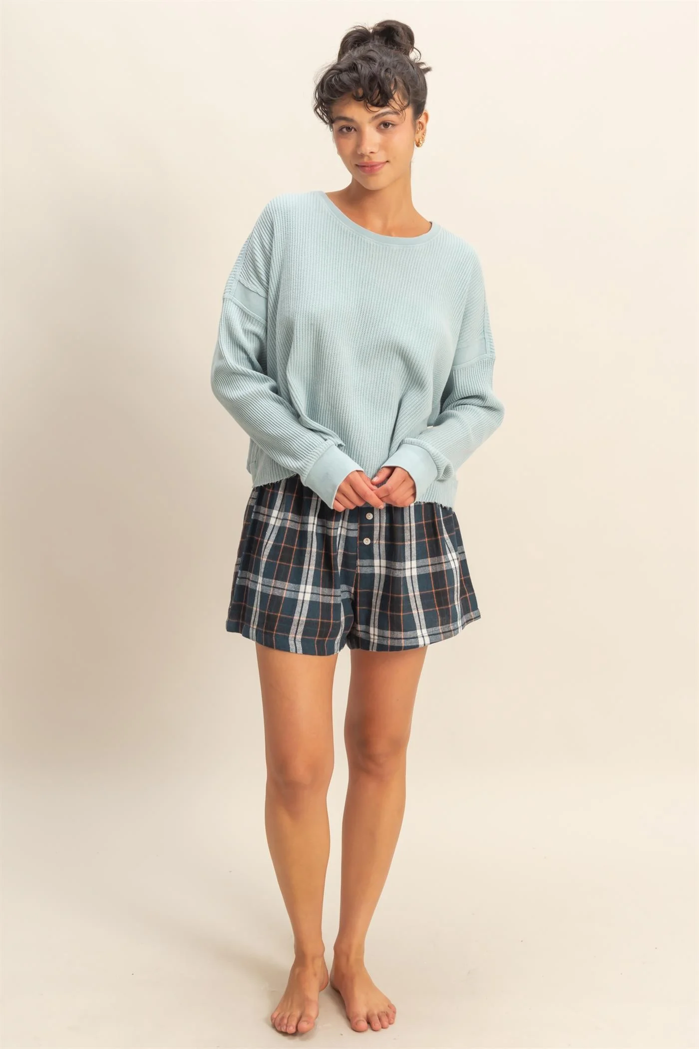 Navy Button-Front Plaid Maternity Boxer Shorts - Image 6