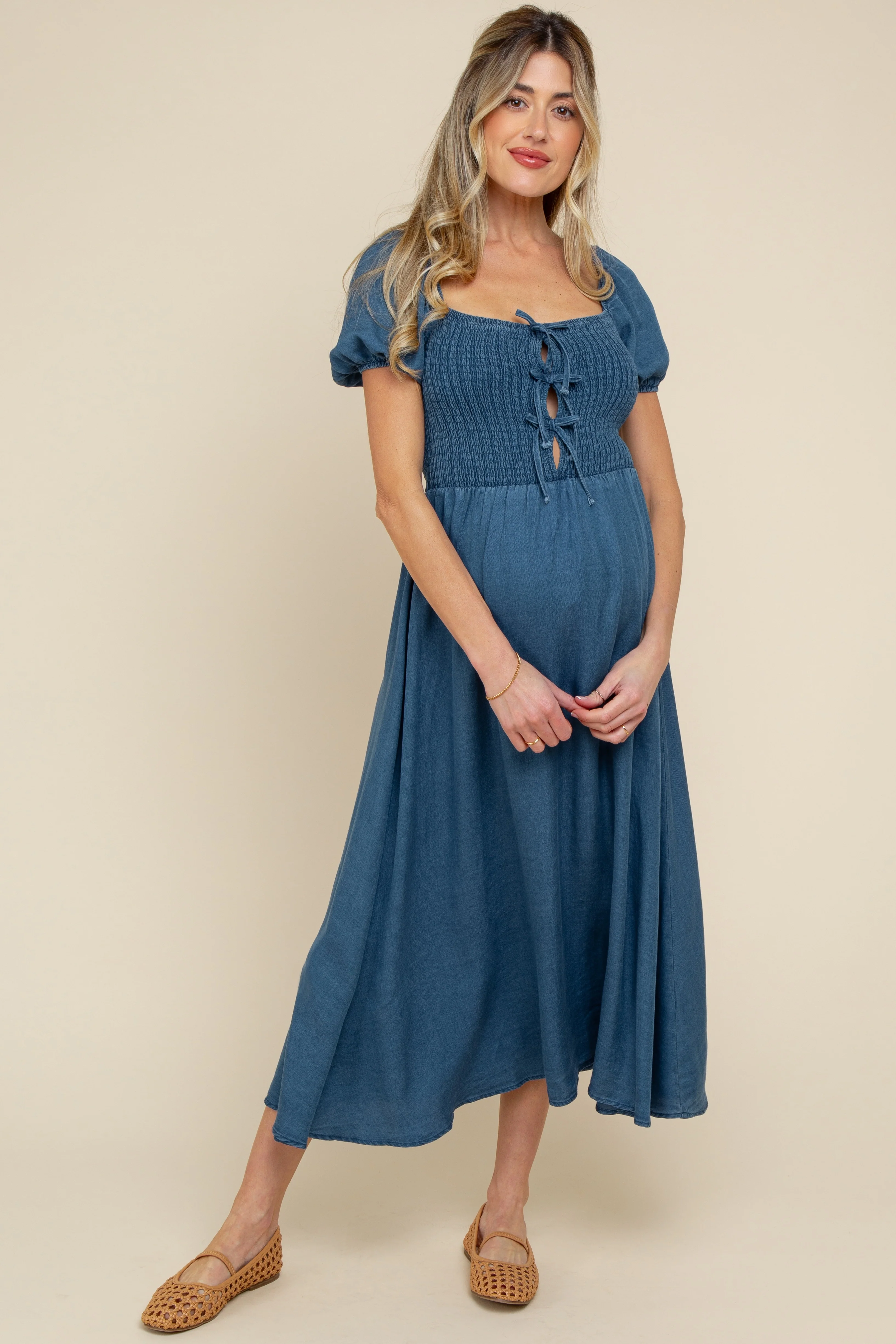 Navy Chambray Smocked Front Tie Maternity Midi Dress - Image 3