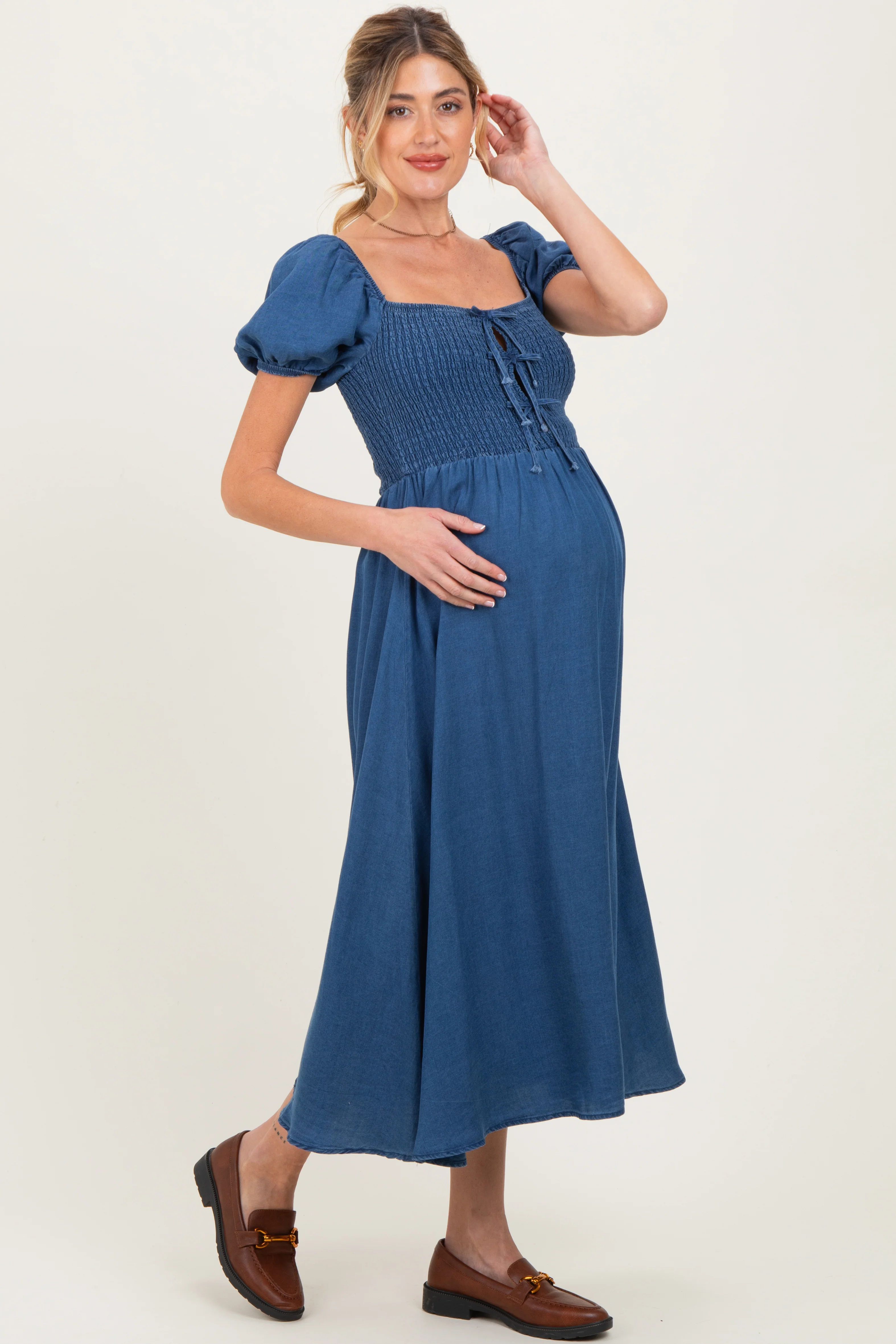 Navy Chambray Smocked Front Tie Maternity Midi Dress - Image 4
