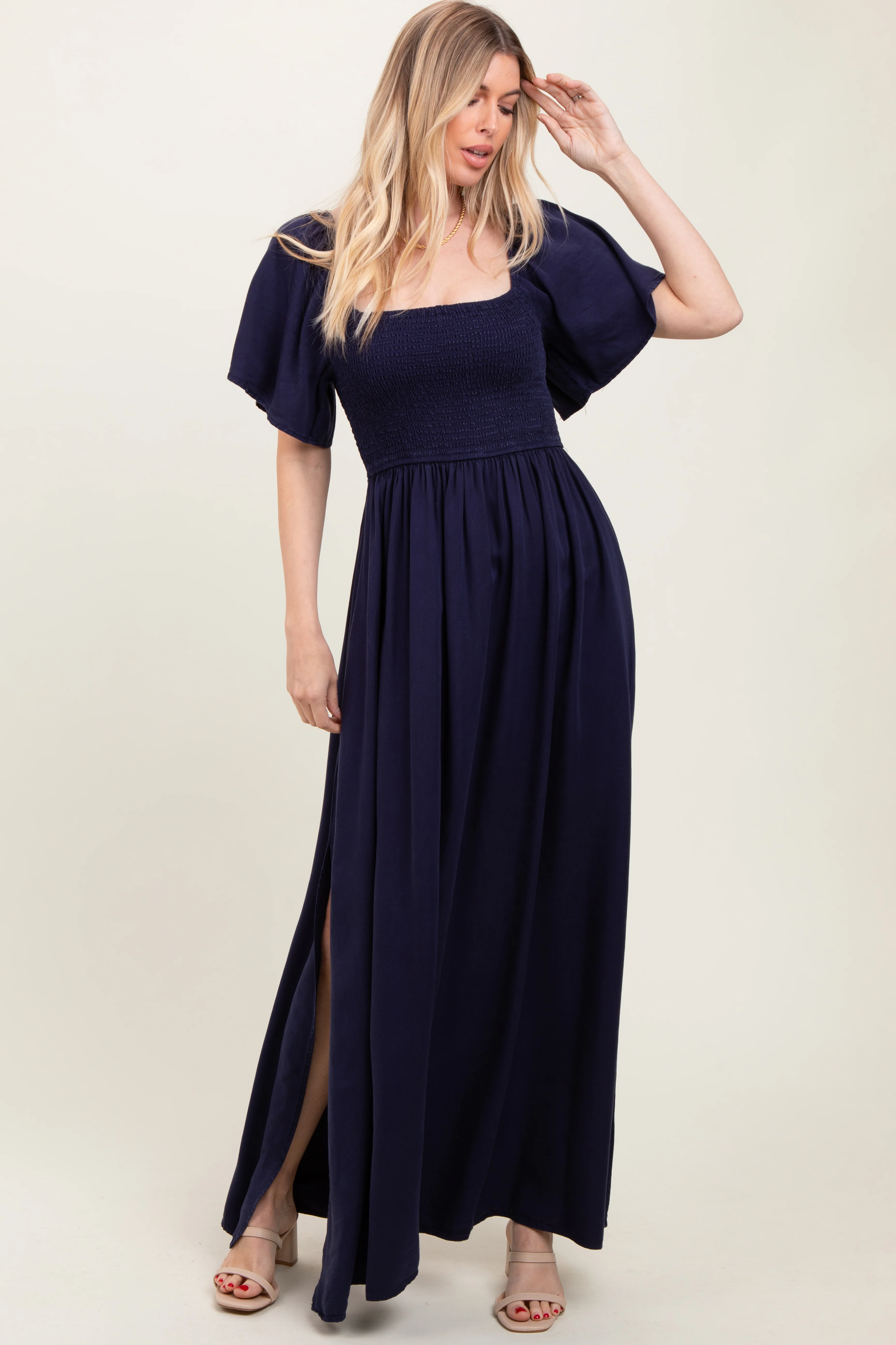 Navy Chambray Smocked Maternity Maxi Dress - Image 5