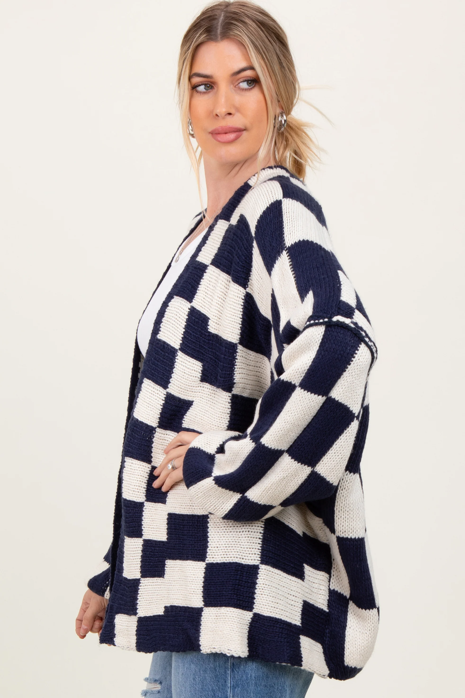 Navy Checkered Oversized Cardigan - Image 3