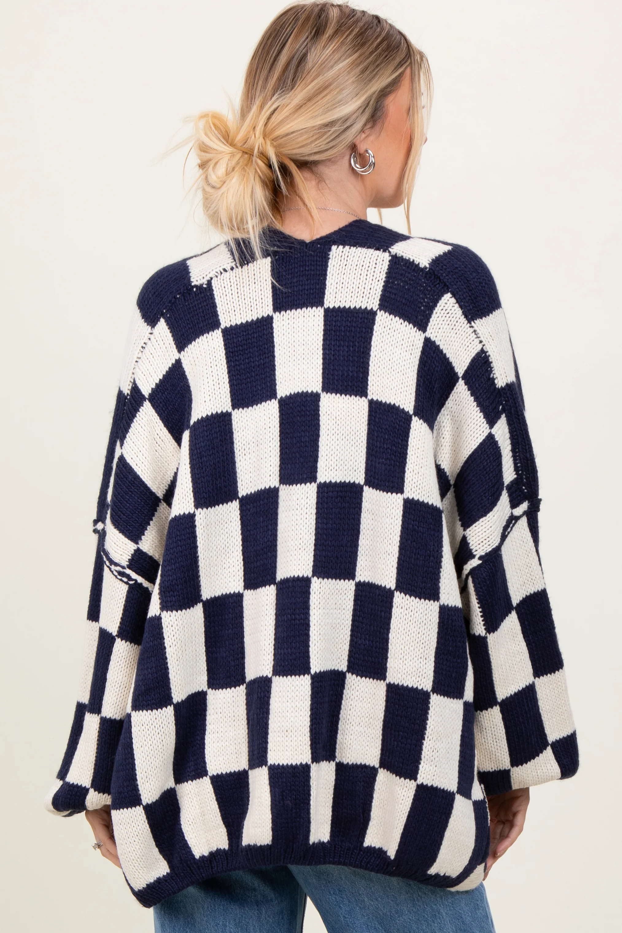 Navy Checkered Oversized Cardigan - Image 4