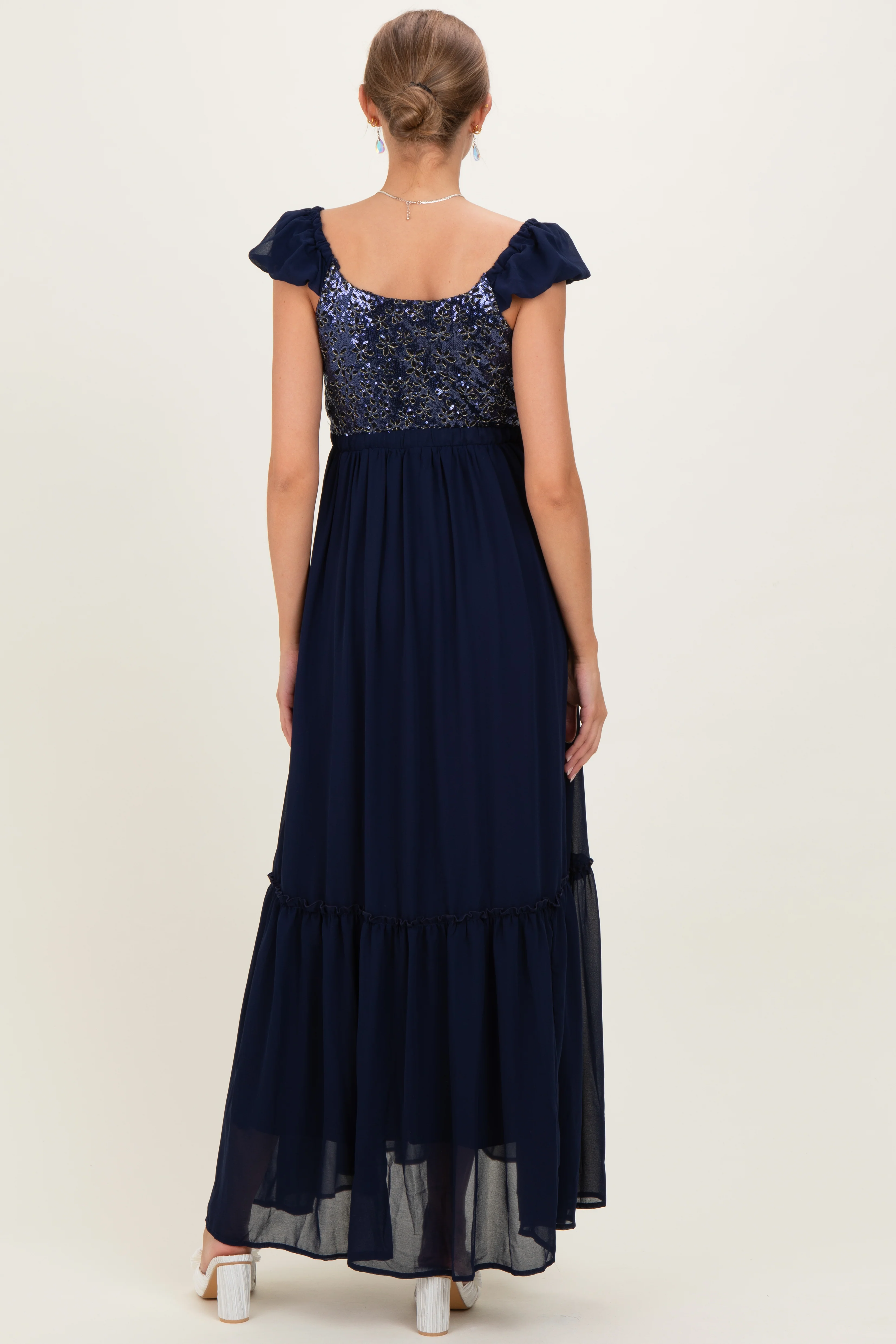 Navy Chiffon Sequin Bodice Maternity Maxi Dress - Image 5