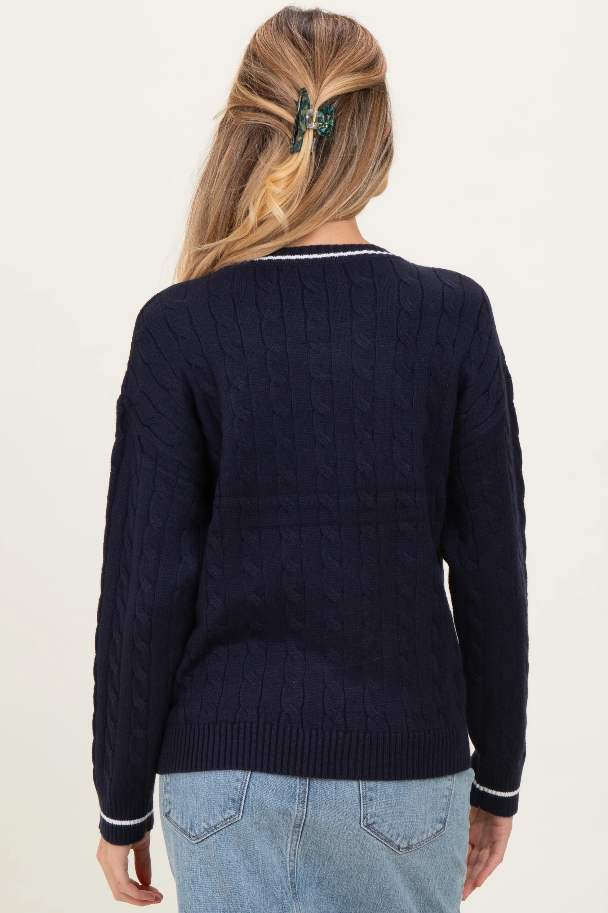 Navy Chunky Cable Knit Maternity Sweater - Image 4