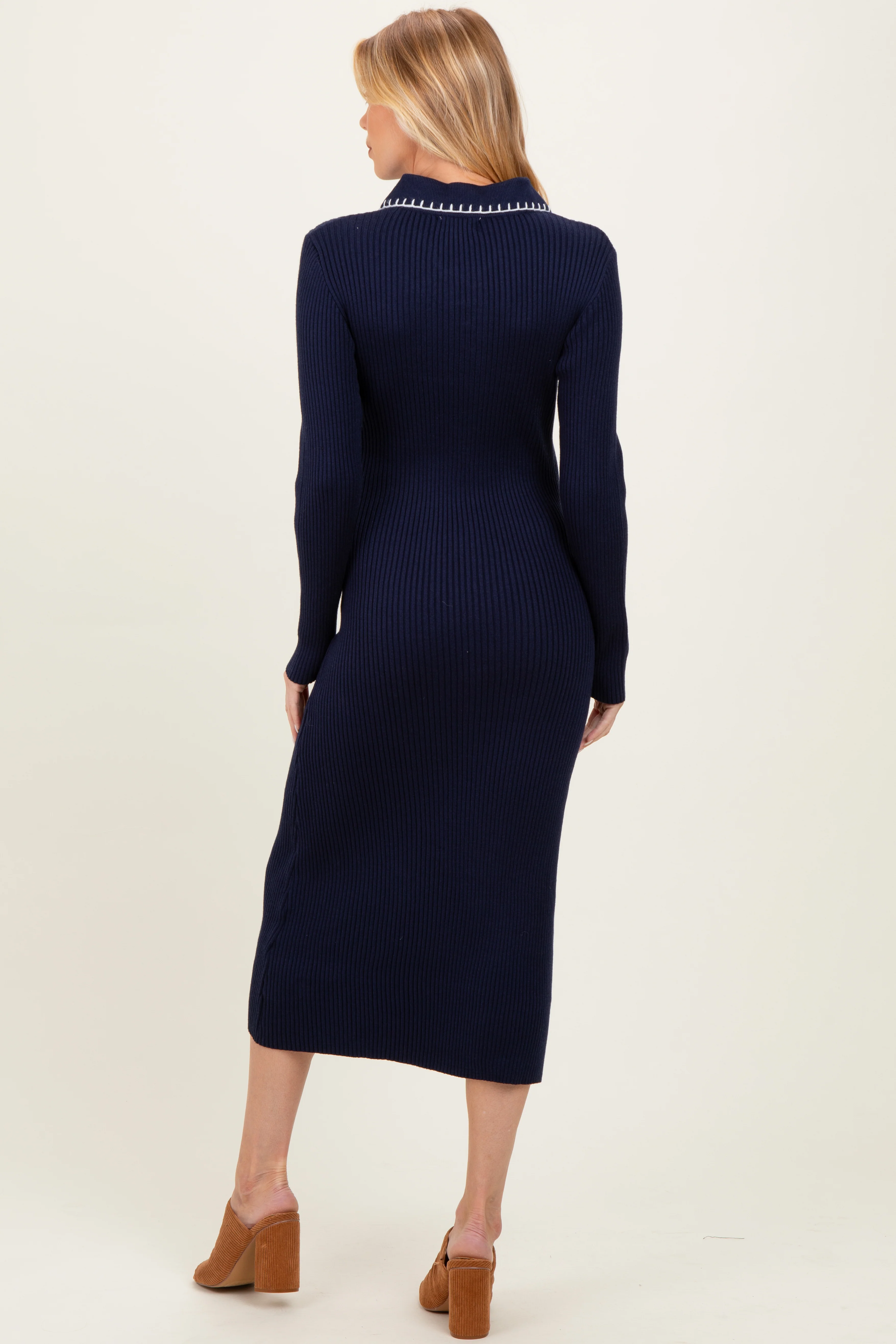 Navy Contrast Stitch Maternity Midi Sweater Dress - Image 4