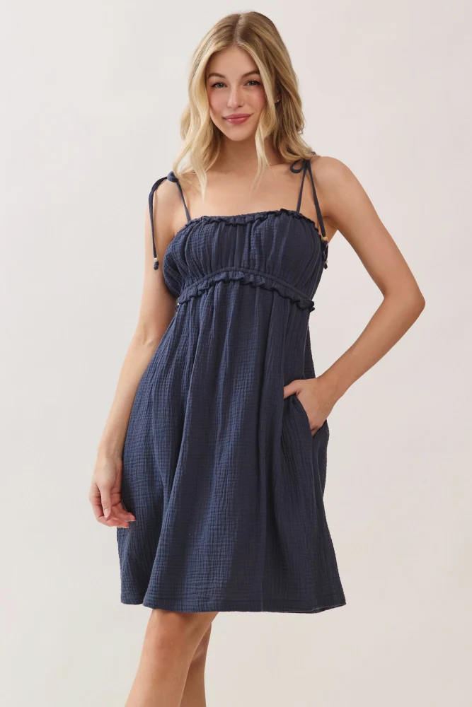 Navy Cotton Gauze Ruffle Shoulder Tie Maternity Mini Dress - Image 4