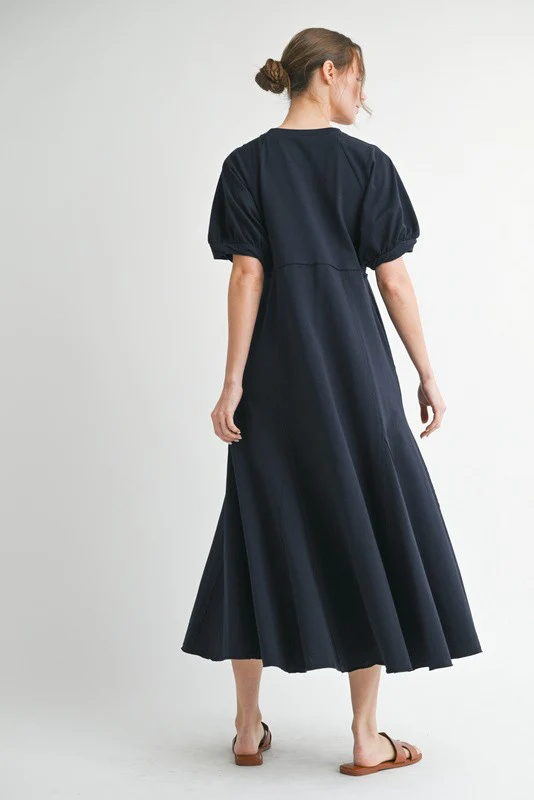 Navy Cotton Pocketed Midi Dress - Image 3