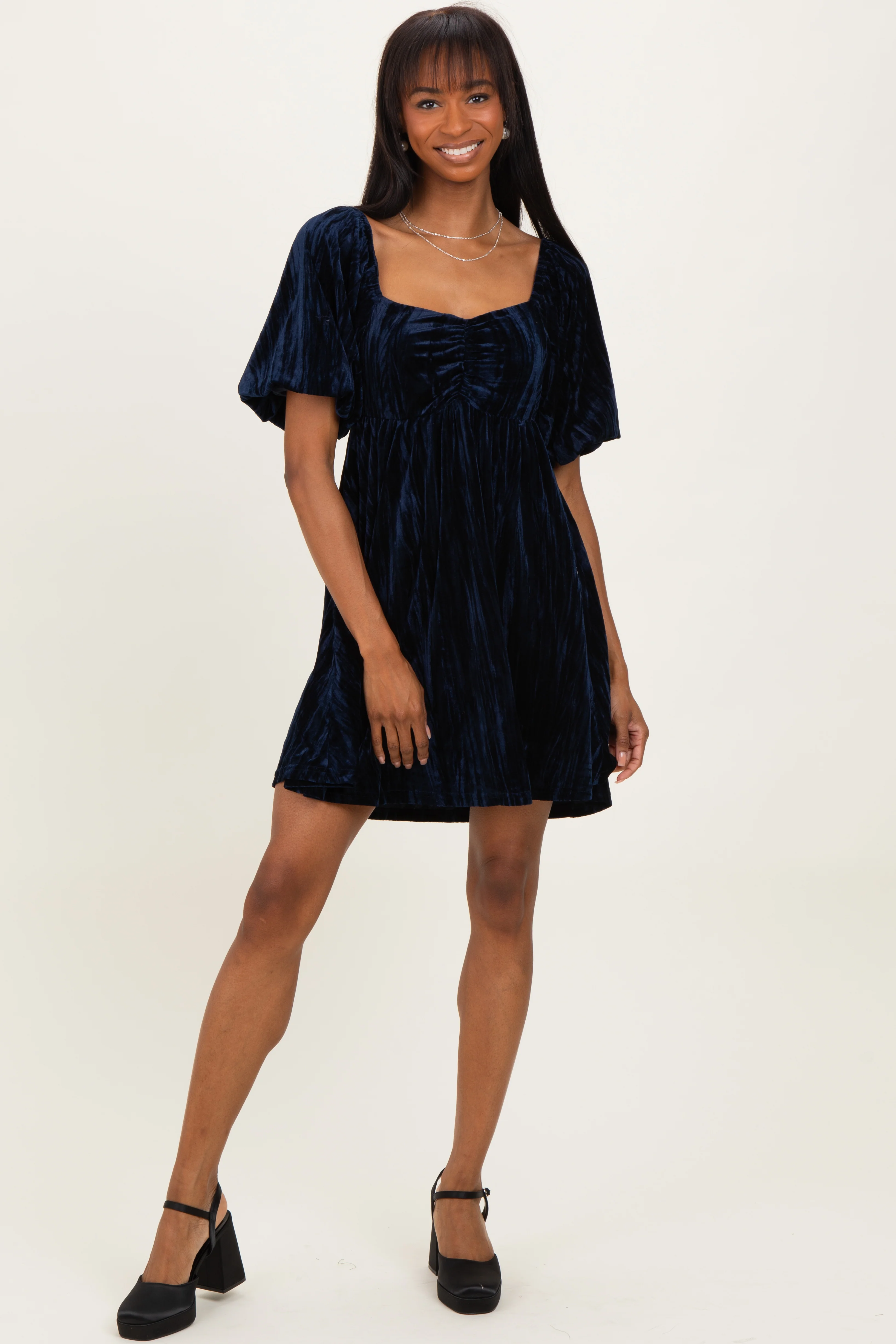 Navy Crushed Velvet Puff Sleeve Maternity Mini Dress - Image 5