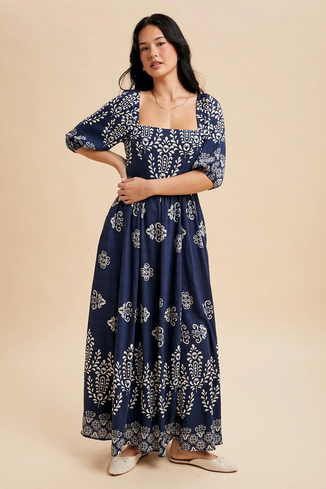 Navy Damask Print Short Sleeve Maxi Dress - Image 3