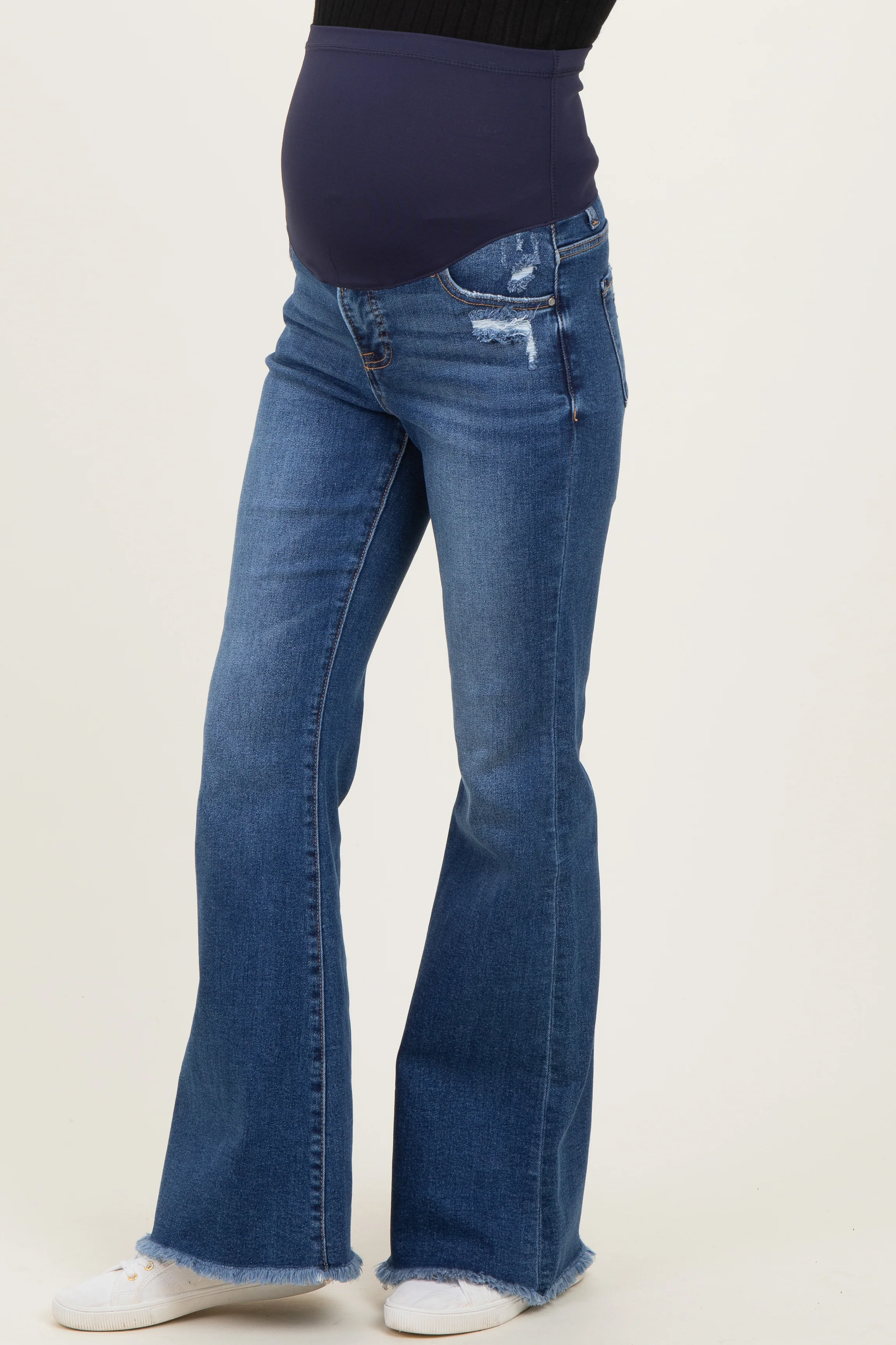 Navy Distressed Fringe Hem Maternity Flare Leg Jeans - Image 3