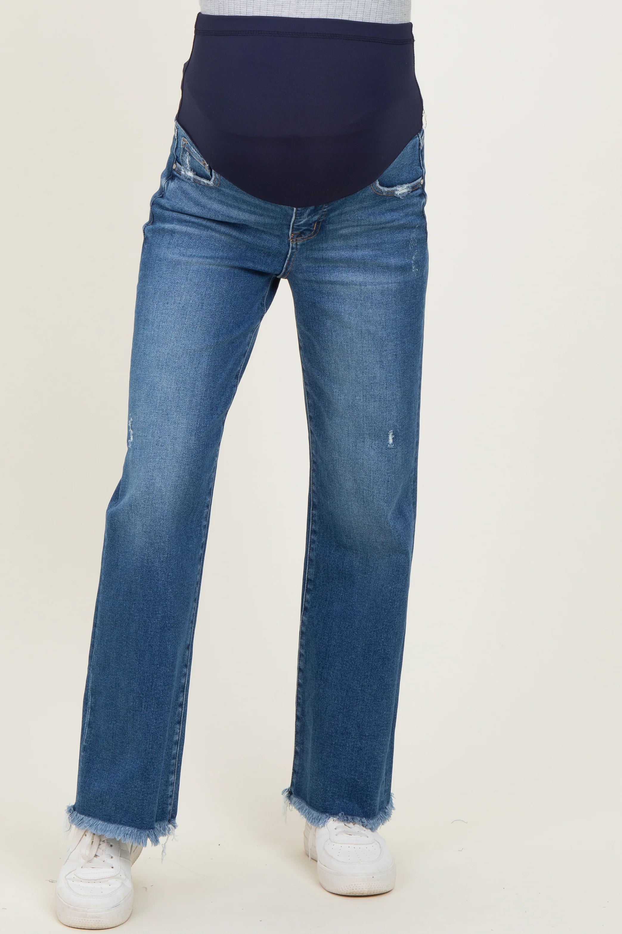 Navy Distressed Fringe Hem Wide Leg Maternity Jeans - Image 2