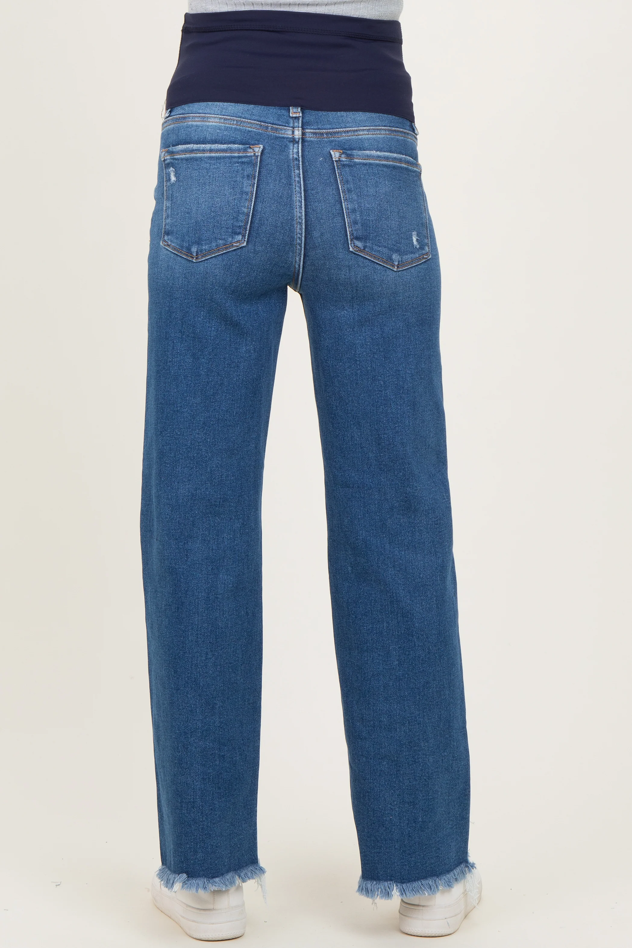 Navy Distressed Fringe Hem Wide Leg Maternity Jeans - Image 4