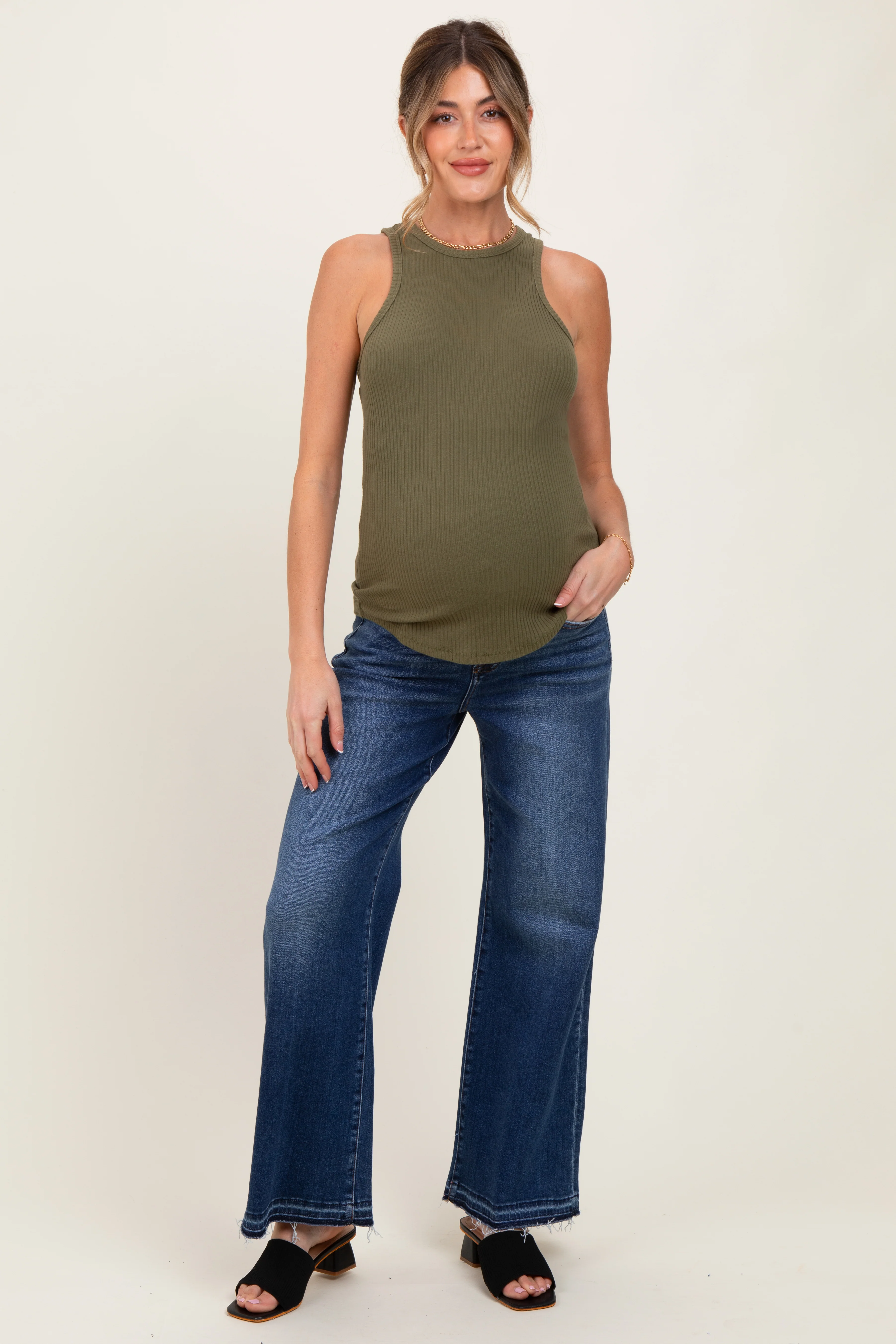 Navy Distressed Raw Hem Wide Leg Maternity Jeans - Image 5