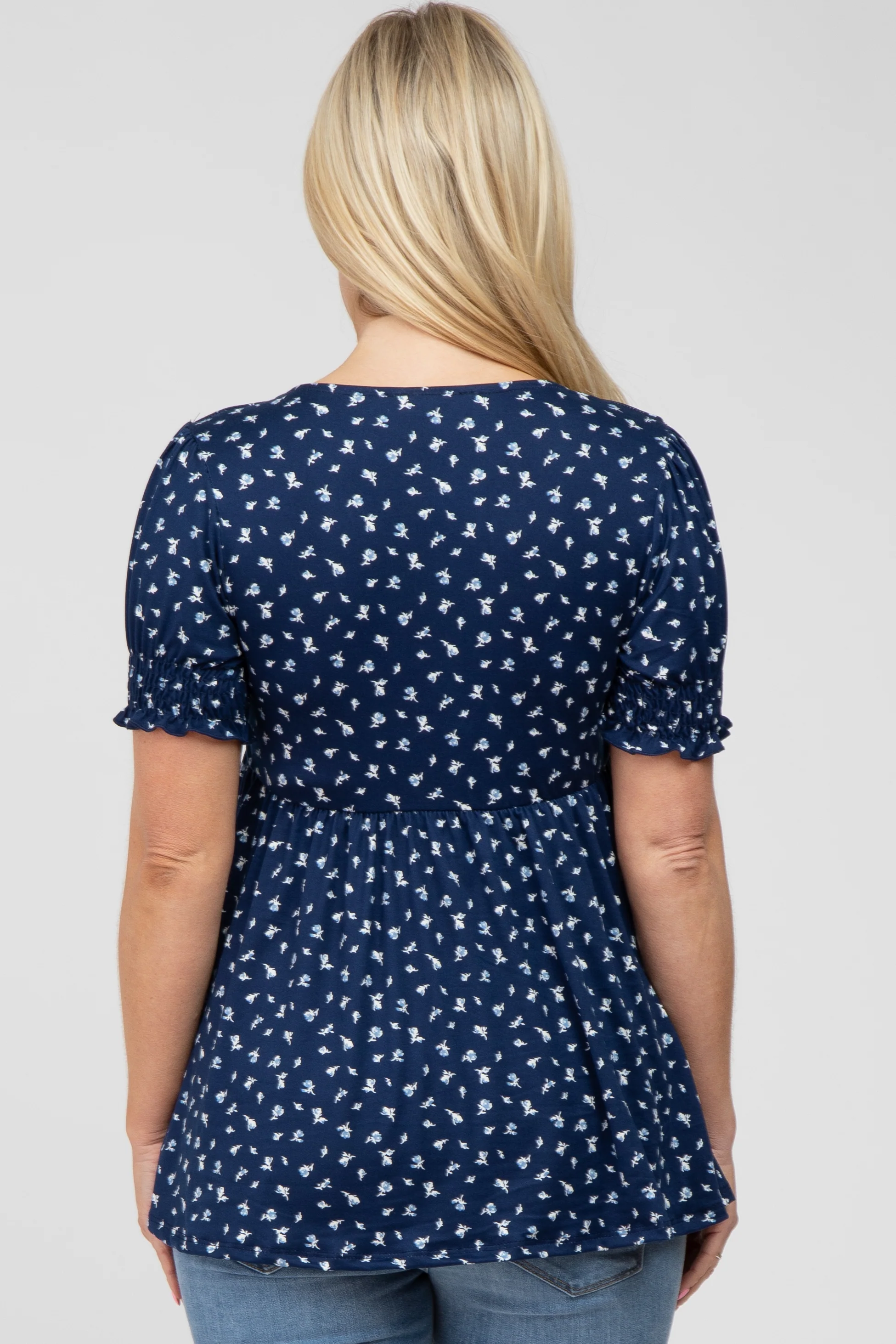 Navy Ditsy Floral Smocked Sleeve Maternity Wrap Top - Image 3