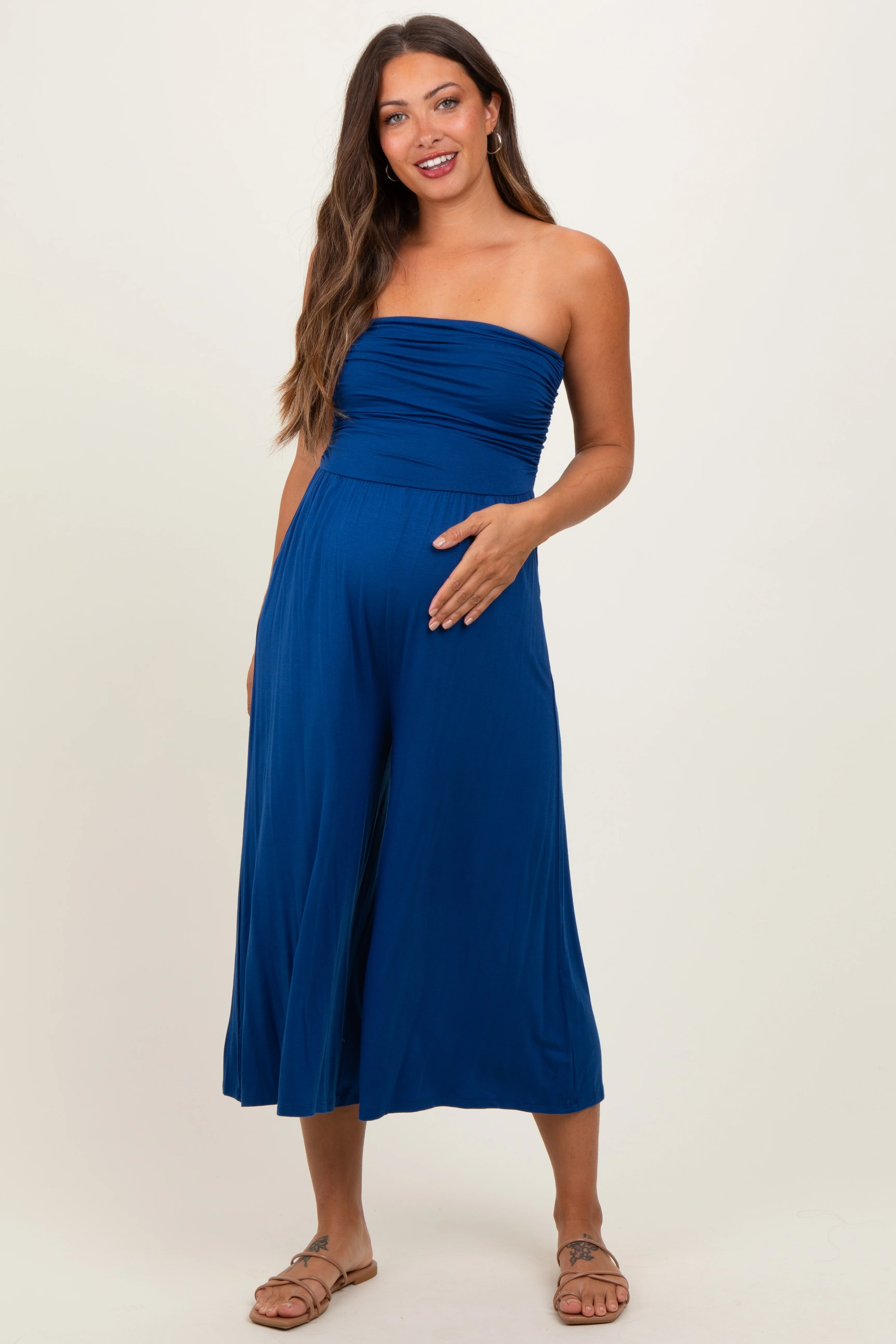 Navy Double Layered Strapless Tube Top Maternity Jumpsuit - Image 2