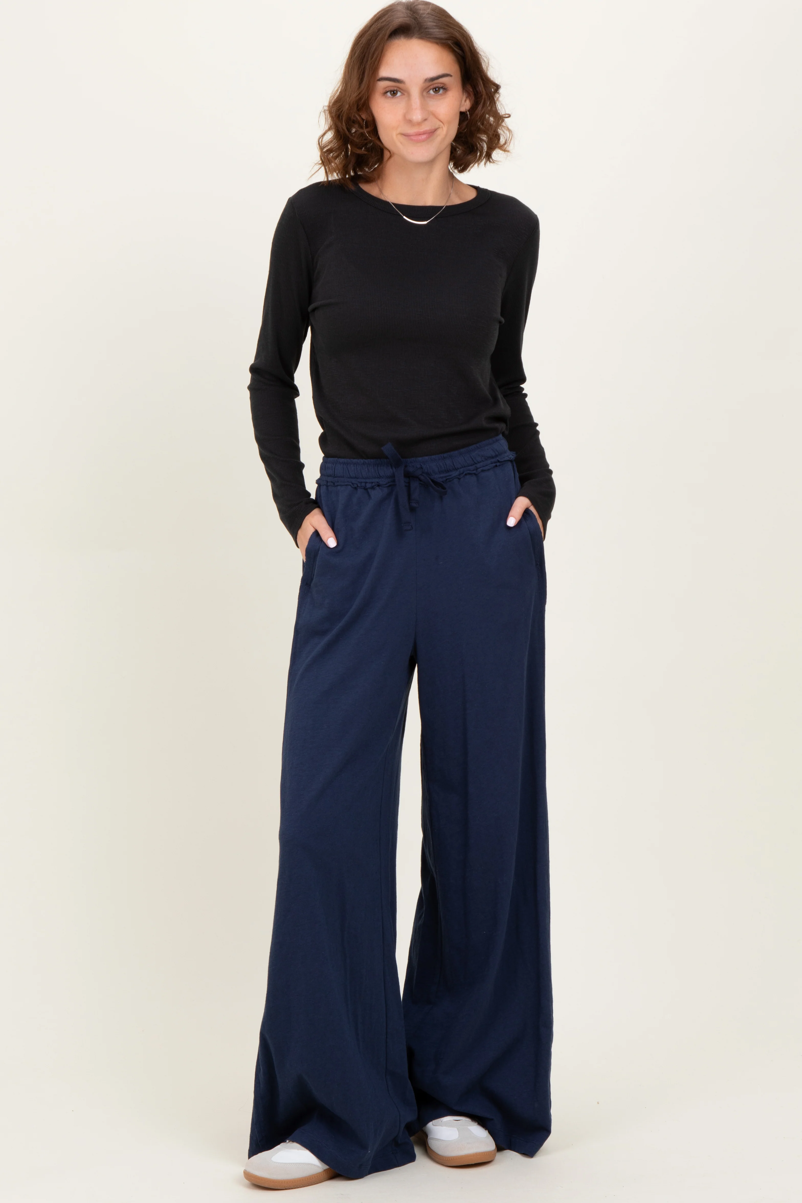 Navy Drawstring Wide Leg Maternity Lounge Pant - Image 5