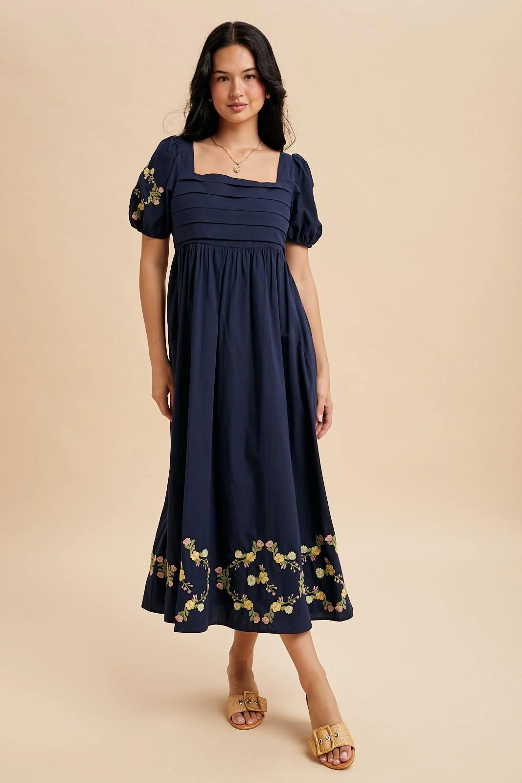 Navy Embroidered Floral Pleated Bodice Maternity Maxi Dress - Image 4