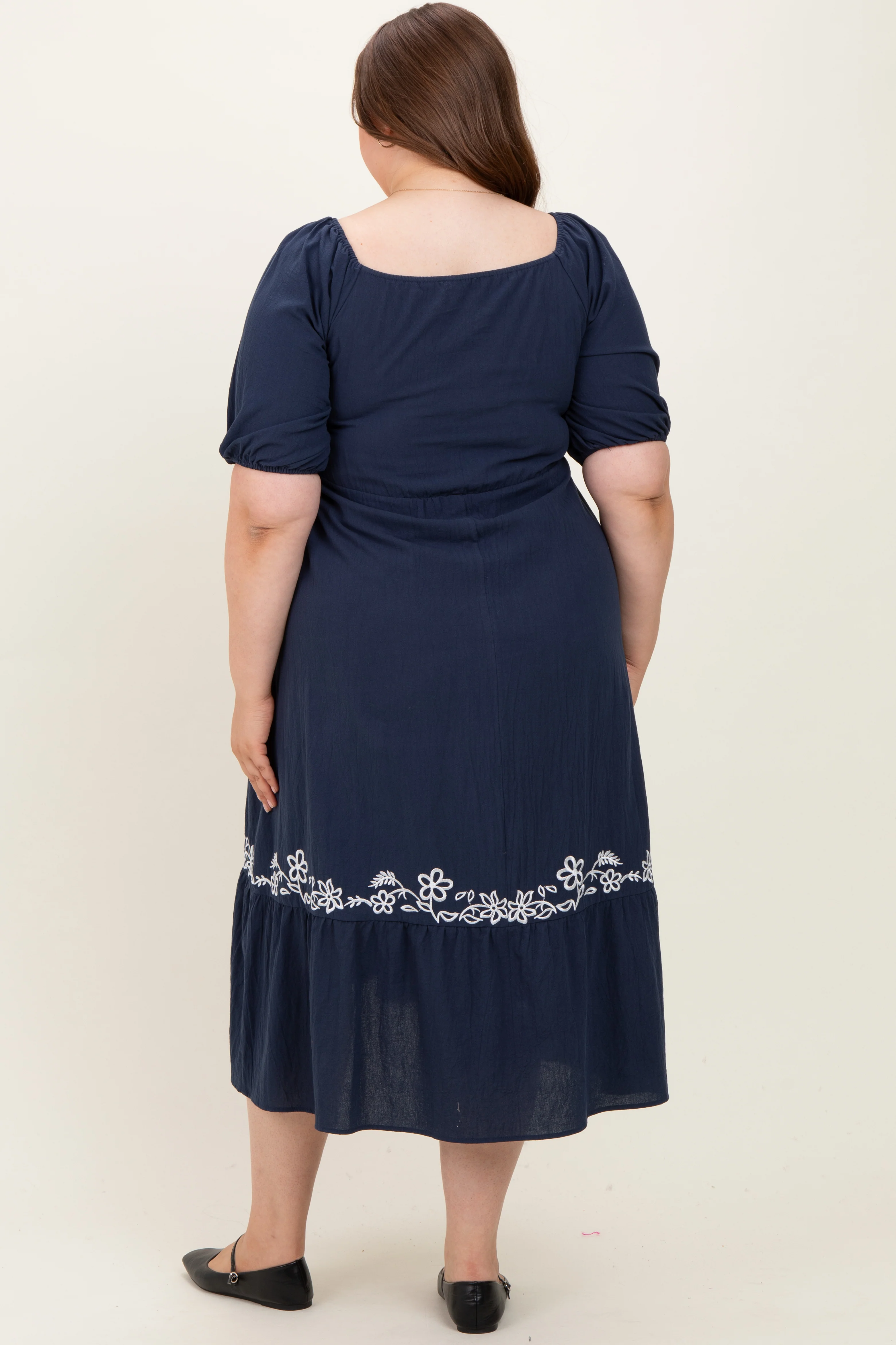 Navy Embroidered Floral Square Neck Maternity Plus Maxi Dress - Image 3