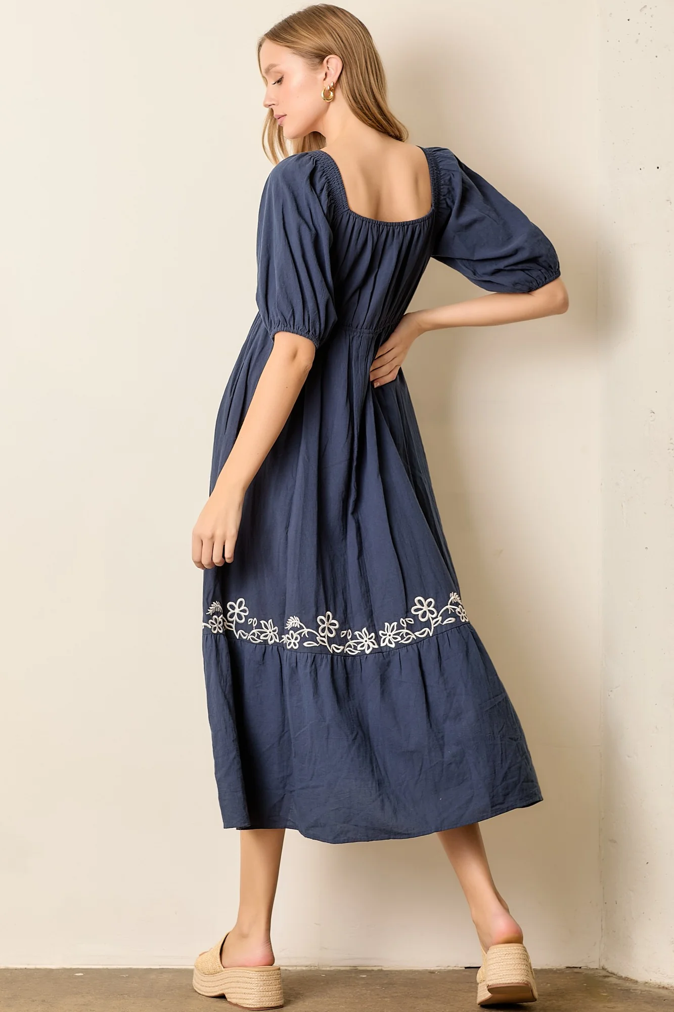 Navy Embroidered Floral Square Neck Maxi Dress - Image 4