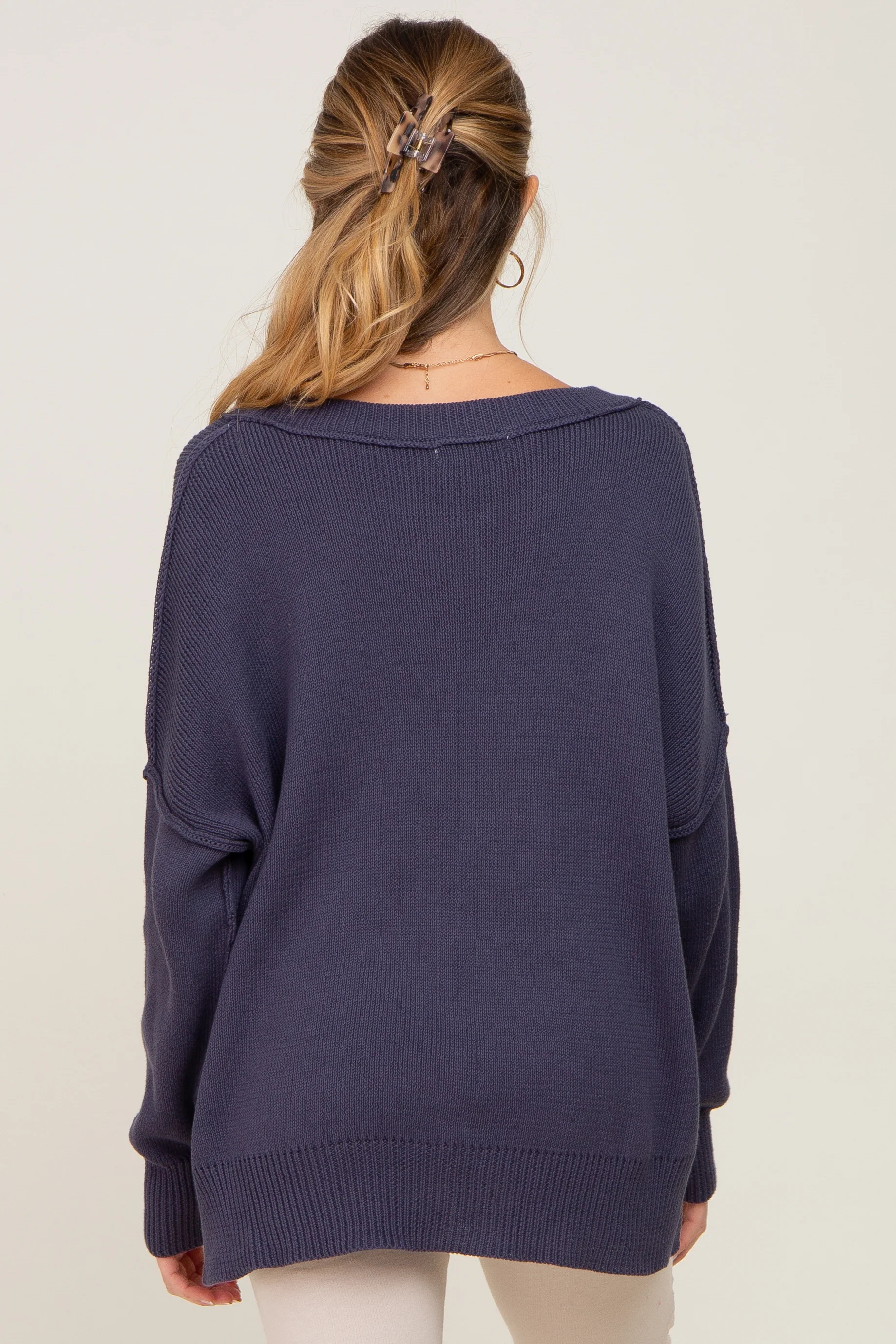 Navy Exposed Seam Side Slit Maternity Sweater - Image 3
