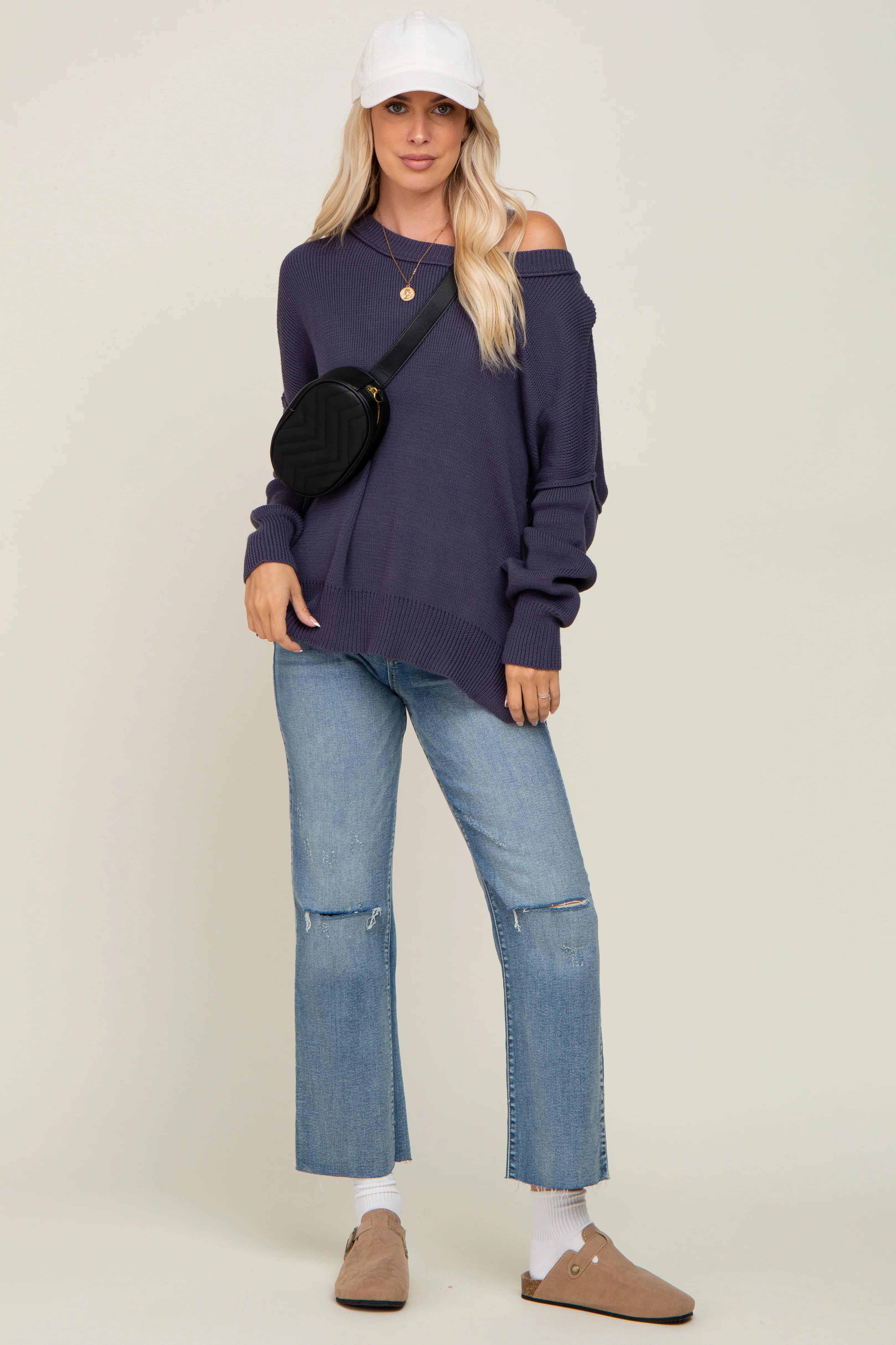 Navy Exposed Seam Side Slit Sweater - Image 5
