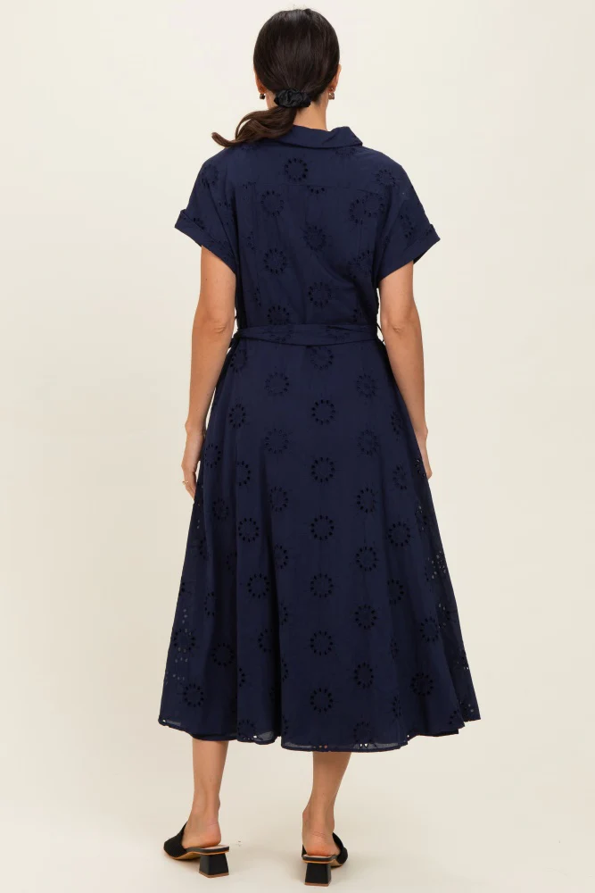 Navy Eyelet Lace Waist Tie Shirt Dress - Image 3